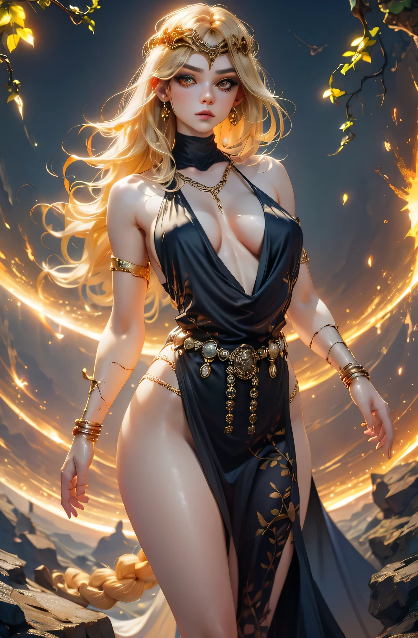 Masterpiece, hyper detailed, 1girl, mature, medium chest, pale skin, wide forehead, (big Golden eyes), golden braid haircut, BREAK in free silk black dress, huge cleavage BREAK (standing cross legs, looking at viewer with slight sorrow) in (the dark void, with small gold lights) BREAK