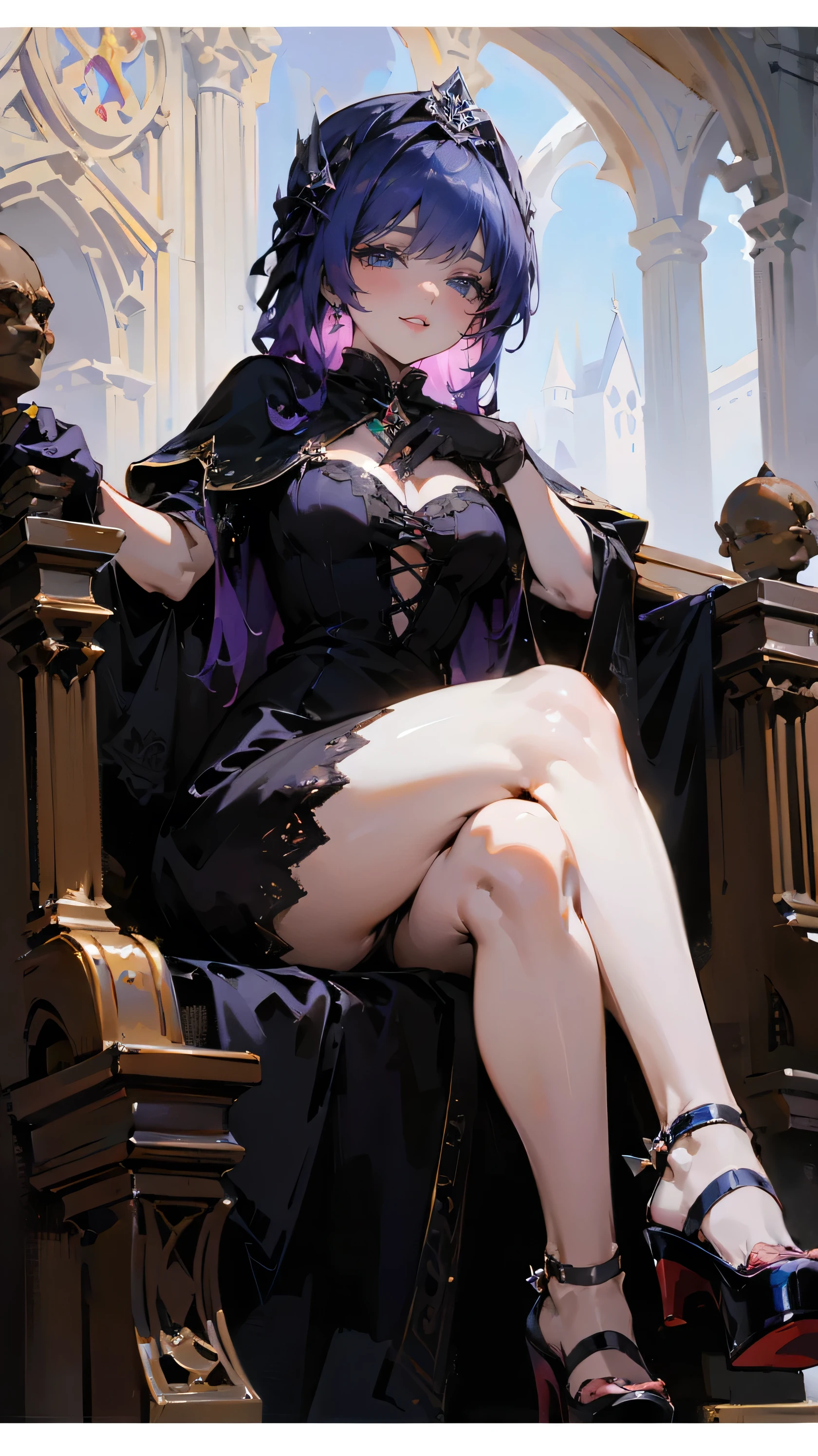 ((best quality)),Deep black dress,Hair accessories, Jewelry Packaging)),((1 Obese girl))From below,sea,boat,Laugh,Cross your legs,Purple hair,Platform shoes,Stone,gem,luxury,((Gloves)),(Nikolai Fehin),( Fisher, ),The background is the church,luxury,drinks,Lace-up