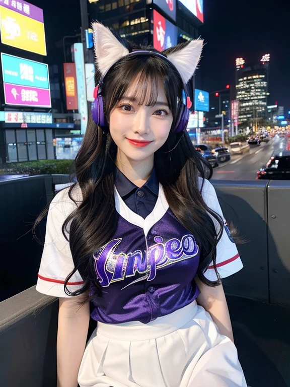 Full body photo、whole、最high quality, masterpiece, 32k、Very detailed、Realistic、1 girl, Japanese women、Cute Face, (photo Actual:1.3), Edge lighting, (Skin with attention to detail:1.2), 8k超High resolution, Single-lens reflex camera, high quality, High resolution, 4K, 8k, Optimal ratio of four fingers to one thumb, (Actual:1.3), smile、ヘニョヘニョしたsmile、自然なsmile、Baseball Cheerleader Costumes(Purple line design、Japanese professional baseball cheerleaders、There are also fighter and baseball logos.)、Cat ear headphones(紫色のネオンCat ear headphones)、cute 1 girl, Realistic、Super Realistic、32k、Very detailed、masterpiece, 最high quality, beautiful girl, beauty、 Mecha, Beautiful lighting, Sitting,Cyber Neon、Future City、Skyscraper、City Night、Shanghai、Big cities、Night view、綺麗なNight view