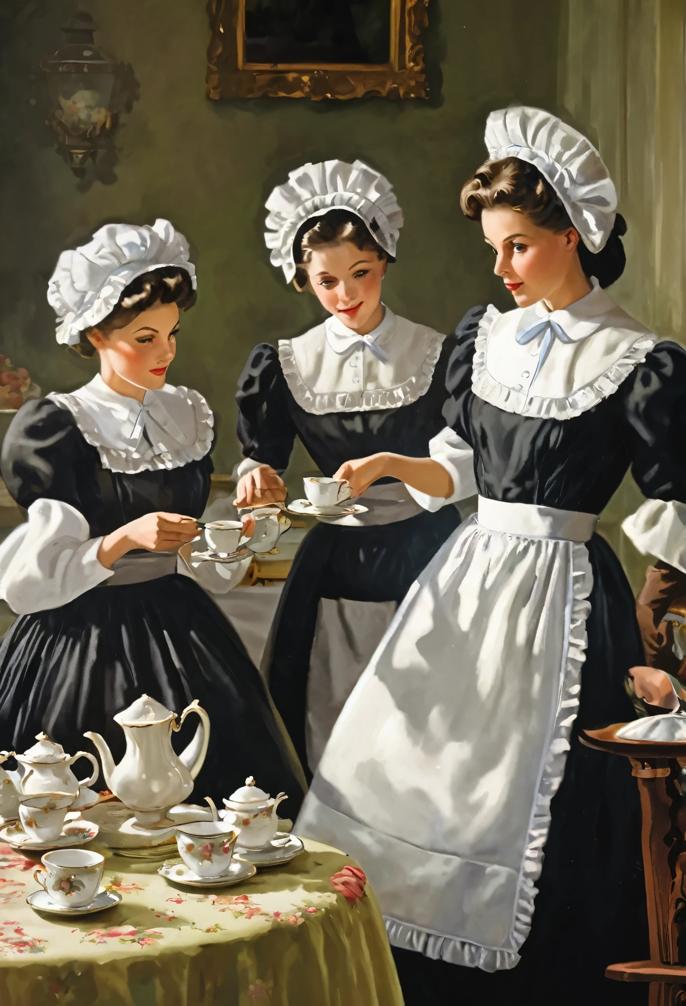 Preparations for the tea party, ladies in Maid Outfits, working busily but gracefully,