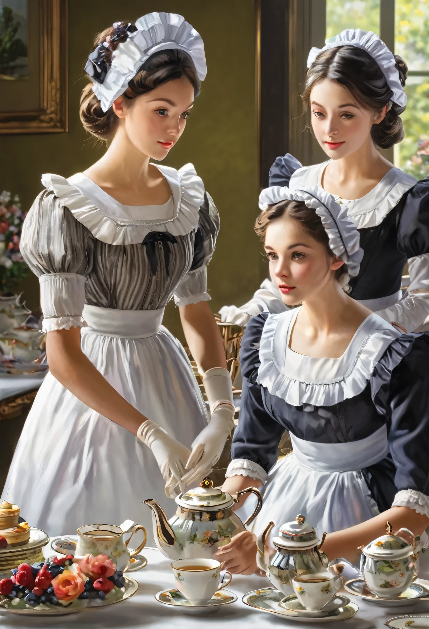 (best quality, masterpiece, highres:1.2), detailed, Preparations for the tea party, ladies in Maid Outfits, working busily but gracefully,