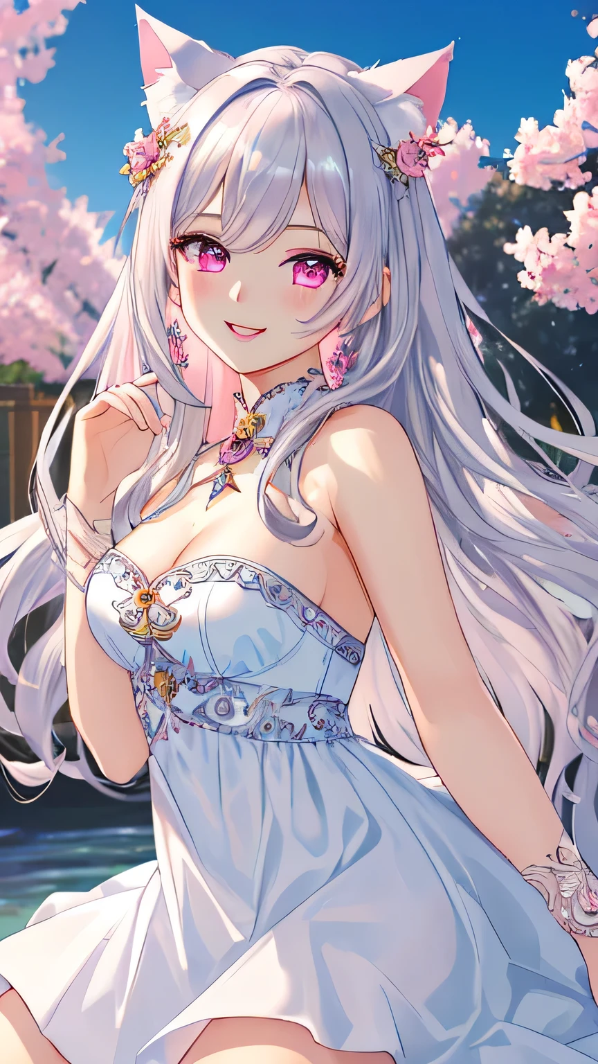 master piece,best quality,ultra detailed,highres,4k.8k,Highly detailed face,ultra-detailed eyes,beautiful detailed eyes,Medium chest,pretty girl,smile,Cat ear,Beautiful silver hair,Pink inside,Beautiful pink eyes,look at viewer,,jumping,smile,happy,blue clear sky,dress