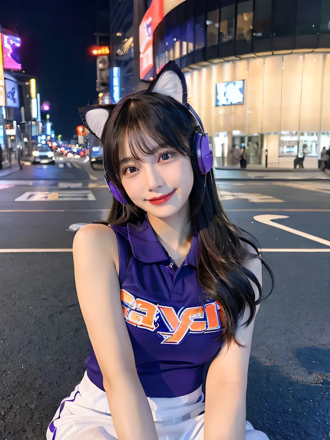 Full body photo、whole、最high quality, masterpiece, 32k、Very detailed、Realistic、1 girl, Japanese women、Cute Face, (photo Actual:1.3), Edge lighting, (Skin with attention to detail:1.2), 8k超High resolution, Single-lens reflex camera, high quality, High resolution, 4K, 8k, Optimal ratio of four fingers to one thumb, (Actual:1.3), smile、A floppy smile、Natural smile、Baseball Cheerleader Costumes(Purple line design、Japanese professional baseball cheerleaders、There are also fighter and baseball logos.)、Cat ear headphones(Purple Neon Cat Ear Headphones)、cute 1 girl, Realistic、Super Realistic、32k、Very detailed、masterpiece, 最high quality, beautiful girl, beauty、 Mecha, Beautiful lighting, Sitting,Cyber Neon、Future City、Skyscraper、City Night、Shanghai、Big cities、Night view、Beautiful night view