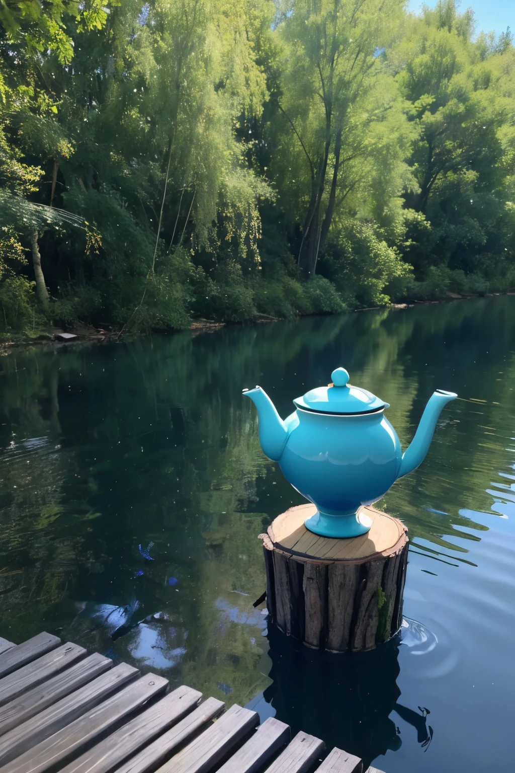 A blue dragonfly stands on top of the lid of a closed turquoise teapot,The teapot is placed on a round wooden board,Wooden planks floating in the river,Willow trees line the banks of the river
