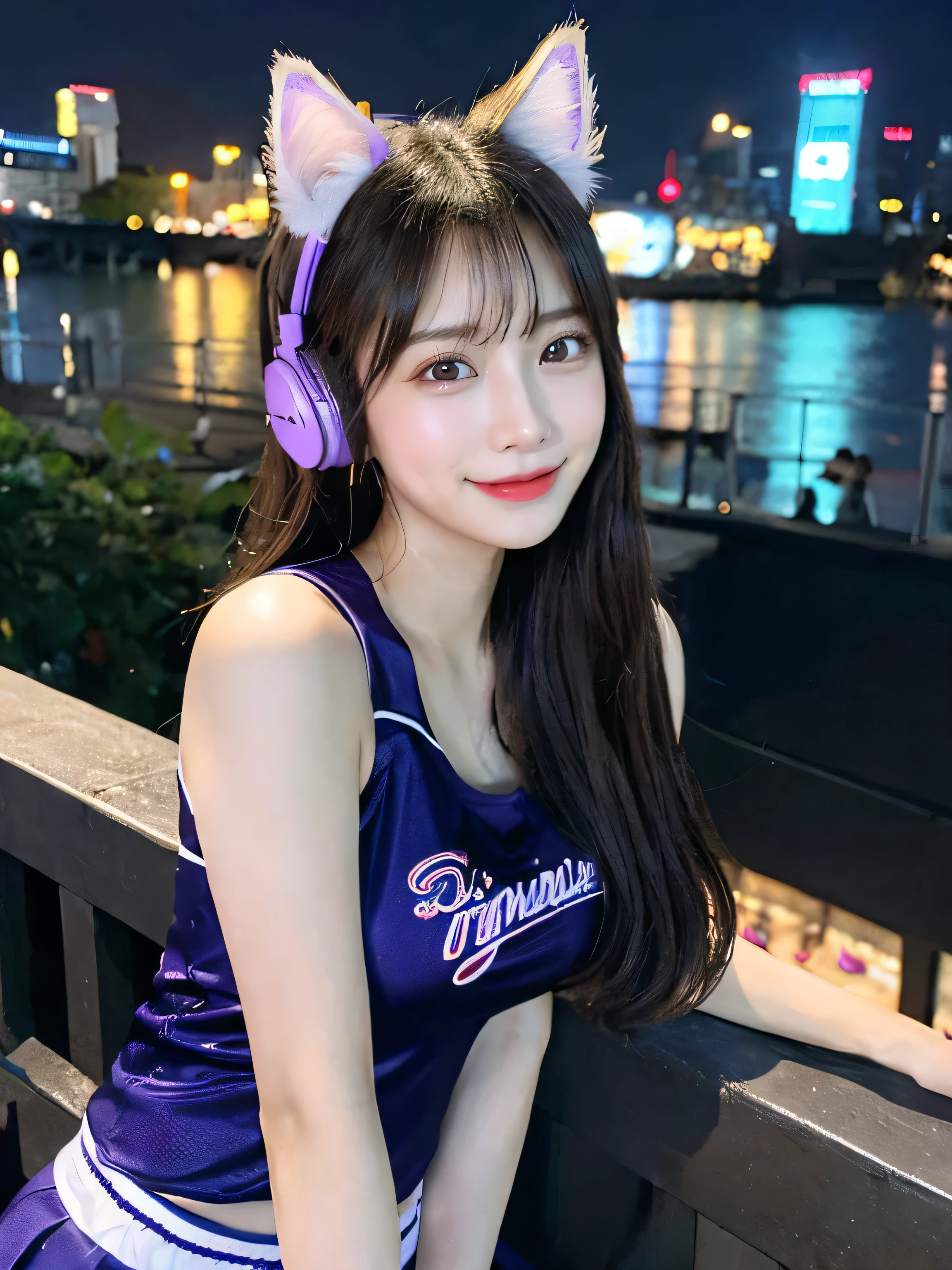 Full body photo、whole、最high quality, masterpiece, 32k、Very detailed、Realistic、1 girl, Japanese women、Cute Face, (photo Actual:1.3), Edge lighting, (Skin with attention to detail:1.2), 8k超High resolution, Single-lens reflex camera, high quality, High resolution, 4K, 8k, Optimal ratio of four fingers to one thumb, (Actual:1.3), smile、A floppy smile、Natural smile、Baseball Cheerleader Costumes(Purple line design、Japanese professional baseball cheerleaders、There are also fighter and baseball logos.)、Cat ear headphones(Purple Neon Cat Ear Headphones)、cute 1 girl, Realistic、Super Realistic、32k、Very detailed、masterpiece, 最high quality, beautiful girl, beauty、 Mecha, Beautiful lighting, Sitting,Cyber Neon、Future City、Skyscraper、City Night、Shanghai、Big cities、Night view、Beautiful night view