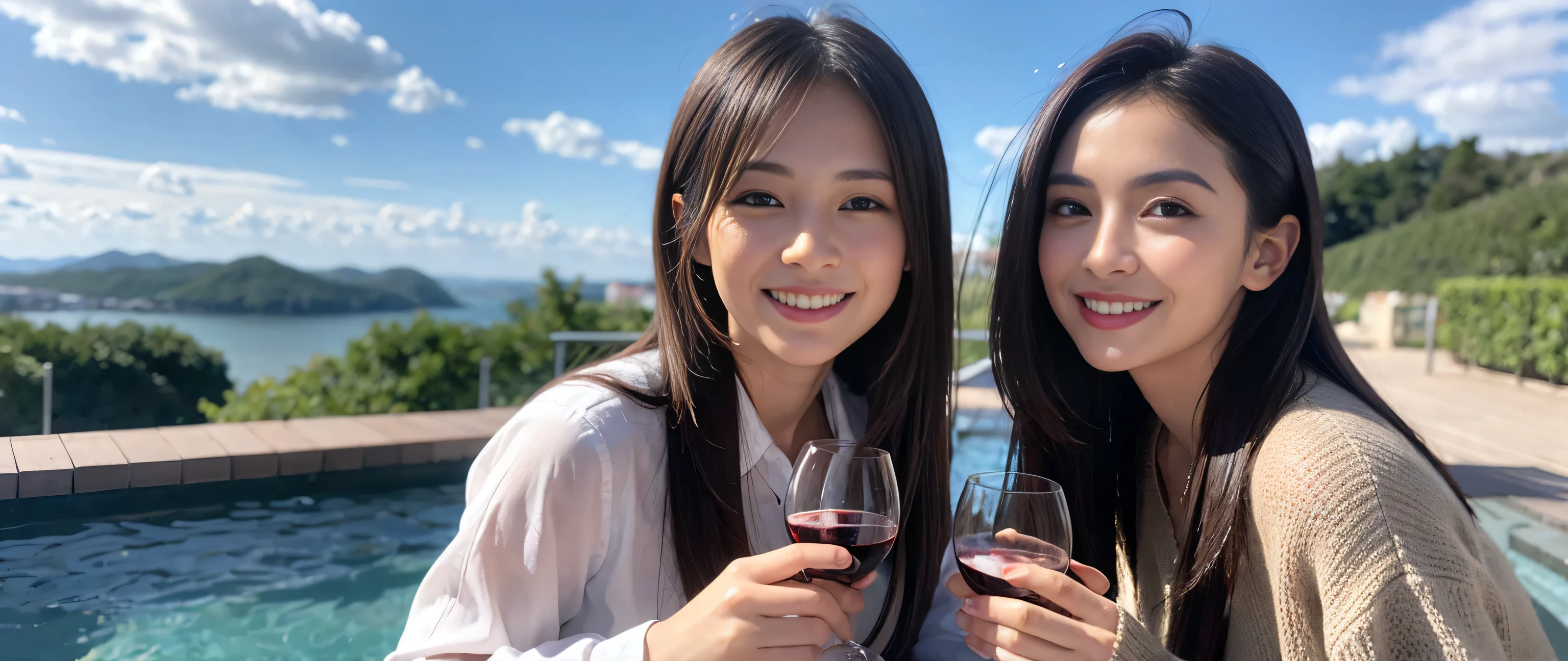 ((highest quality、8k、masterpiece:1.3))、wine 、1 male、1 female、Couple、Lovers Couple、Slim body、((Bob Hale、Straight hair:1.2)), (Realistic, Intricate details:1.2), テーブルにWine Glass、Shine light on your face、 Amazing view of the sunset sky and clouds、Amazing mountain views、A bright smile、The wonderfulness of smile、Bright image、The beauty of wine, Beautiful Face, blue eyes, The light shines on your face, Blushing, short hair,Bright Face、 (Age 37), 39 years old, Red wine 、Appetizers、Italian food、wine bottle、Champagne、Sparkling wine、Two beauties、Brown Hair、Shortcuts、Long sleeve shirt、dress、Pretty Woman 1, (Slim face), (The body is slim), (Brown Hair), (Shortcuts), cheeks turn a little red,Attractive beauty、restaurant, In a prominent place (From the waist up) Nova Frog Style, actress, model, Upper Body, White wine, slim, Wine Glass, 真ん中に置かれたWine Glass, smile, (smile: 1.15), Beautiful fine grain, Depth f/2,saturation, High Contrast, Strong light and shadow,Moist Body:1.5、3D texture、Delicate eyes、Brown Hair、The hair is very shiny、