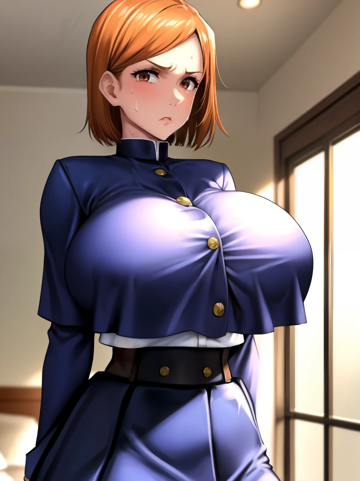 NobaraSU1,One girl, alone, short hair, Orange Hair, , Brown eyes, View Viewer, bangs, Cowboy Shot, skirt, Long sleeve, high-waist skirt, Angry face,Irritability,pantyhose, black pantyhose, Hourglass Shape, blue skirt,  turtleneck, Sweat drops, Hair behind the ear, Blue jacket, Blue clothes,  belt,Shiny Hair, button, Crop top overhang,  Hourglass Shape,indoor,(thin_Waist:1.6),(narrow_Waist:1.4), Breaking the masterpiece, highest quality, Highly detailed background, perfect lightinghighest quality, ((Shiny skin, Shiny skin, Detailed skin)),(beautiful huge breast:1.1),((busty)),full bust,toned,((Clothed Big Tits)),(breast close-upー