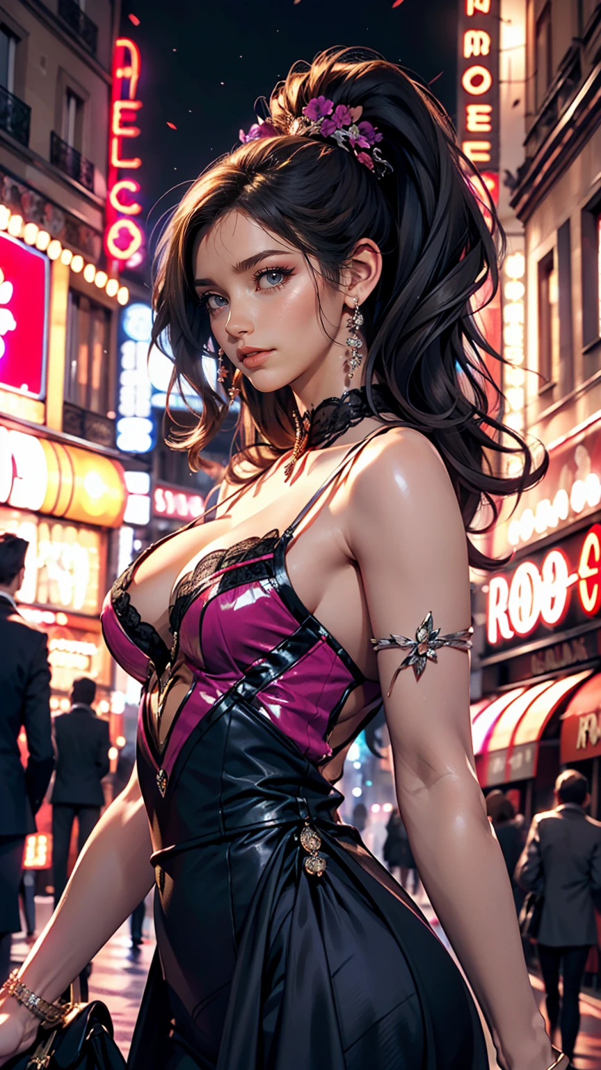 Paris、Moulin Rouge、Elegant black and purple queen's dress and high-neck lace blouse、French woman、White、Silver Hair、blue eyes、Wavy hair、Smile