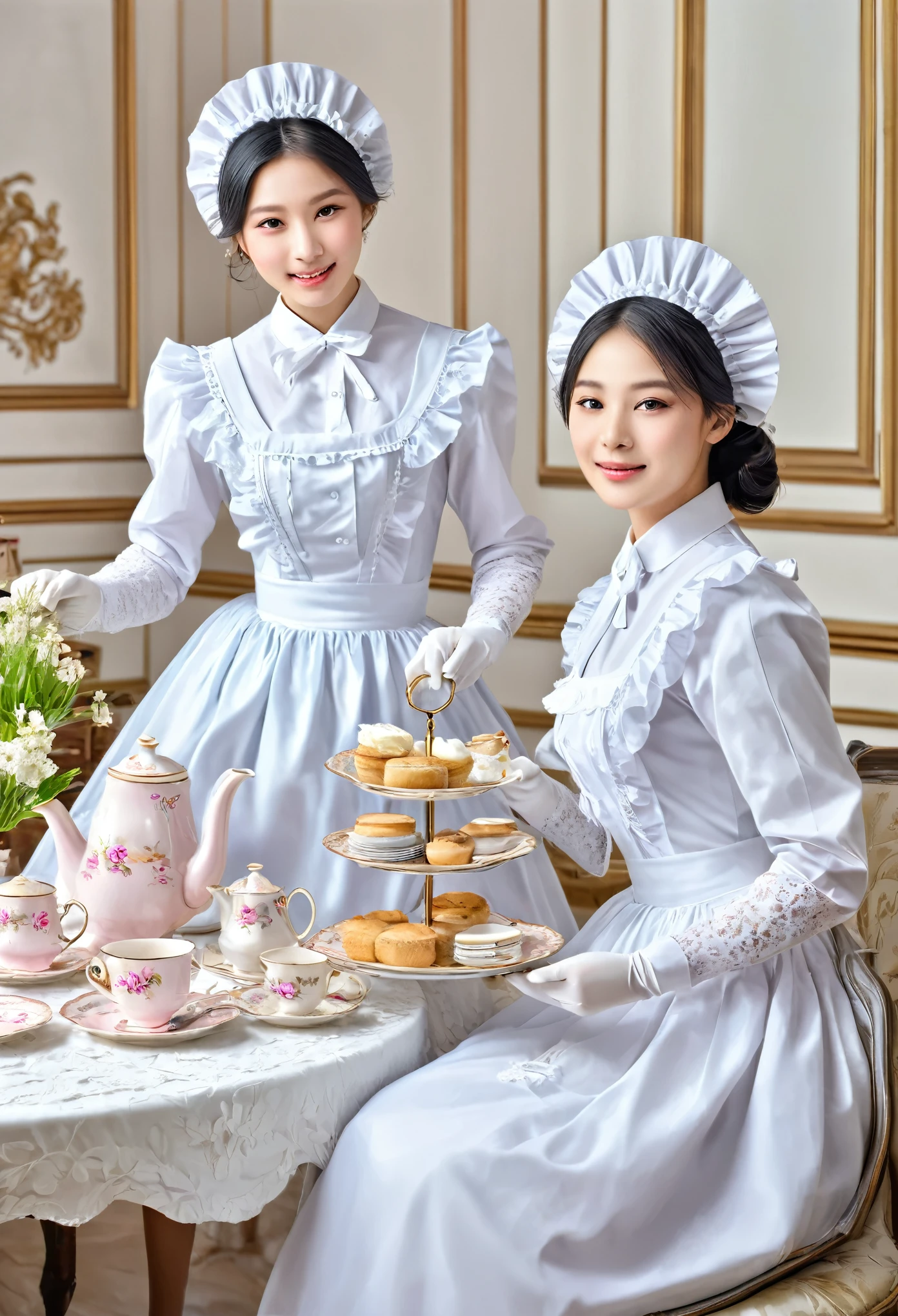 (best quality, masterpiece, highres:1.2), detailed, Preparations for the tea party, ladies in Maid Outfits, working busily but gracefully,