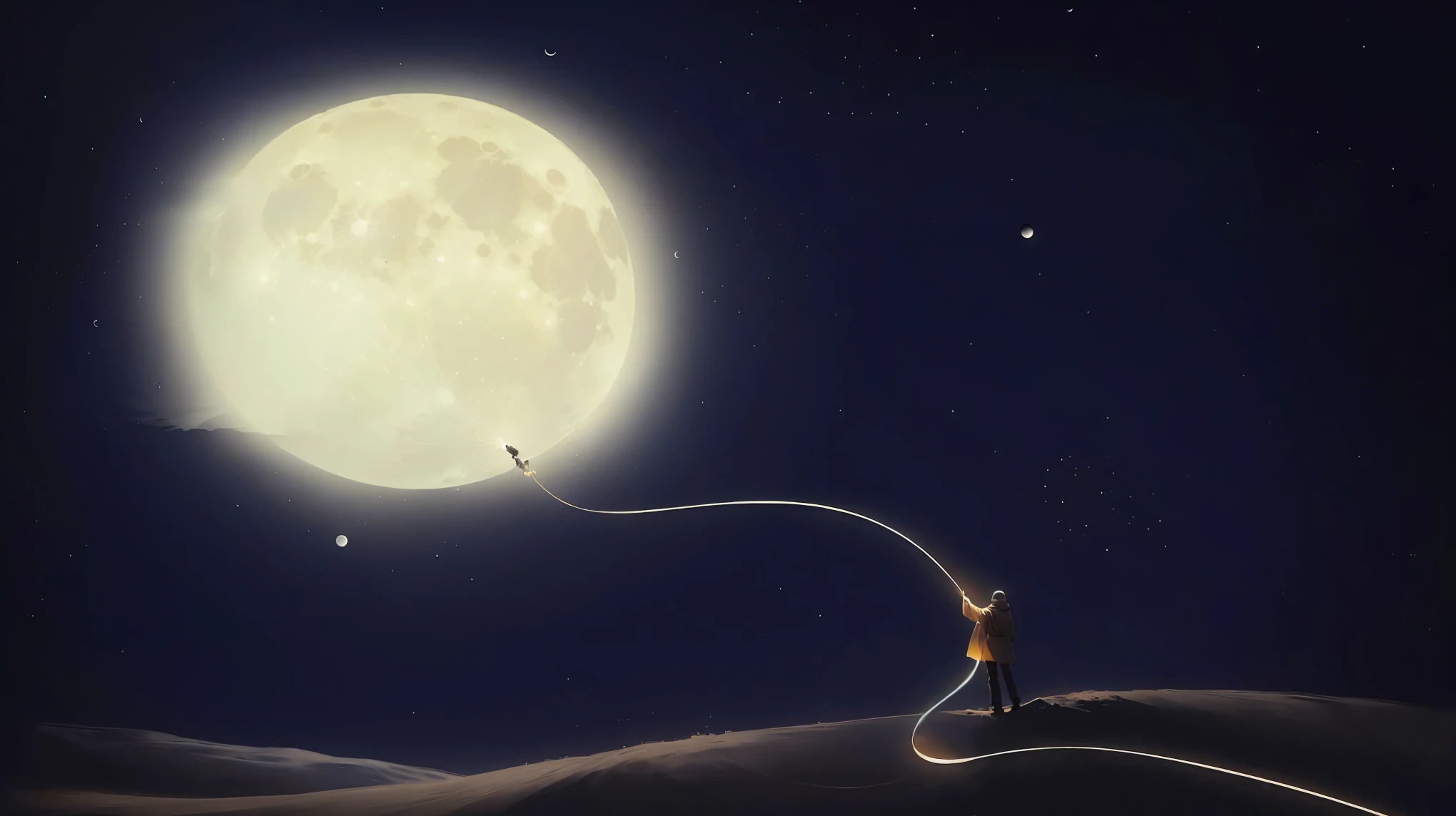 there is a person that is flying a kite in the sky, looking at the moon, holding the moon upon a stick, calm night. digital illustration, looking at the full moon, in the moon, walking in the moon, dreamy illustration, in front of a big moon, walking towards the full moon, to the moon, moon light fish eye illustrator, big moon