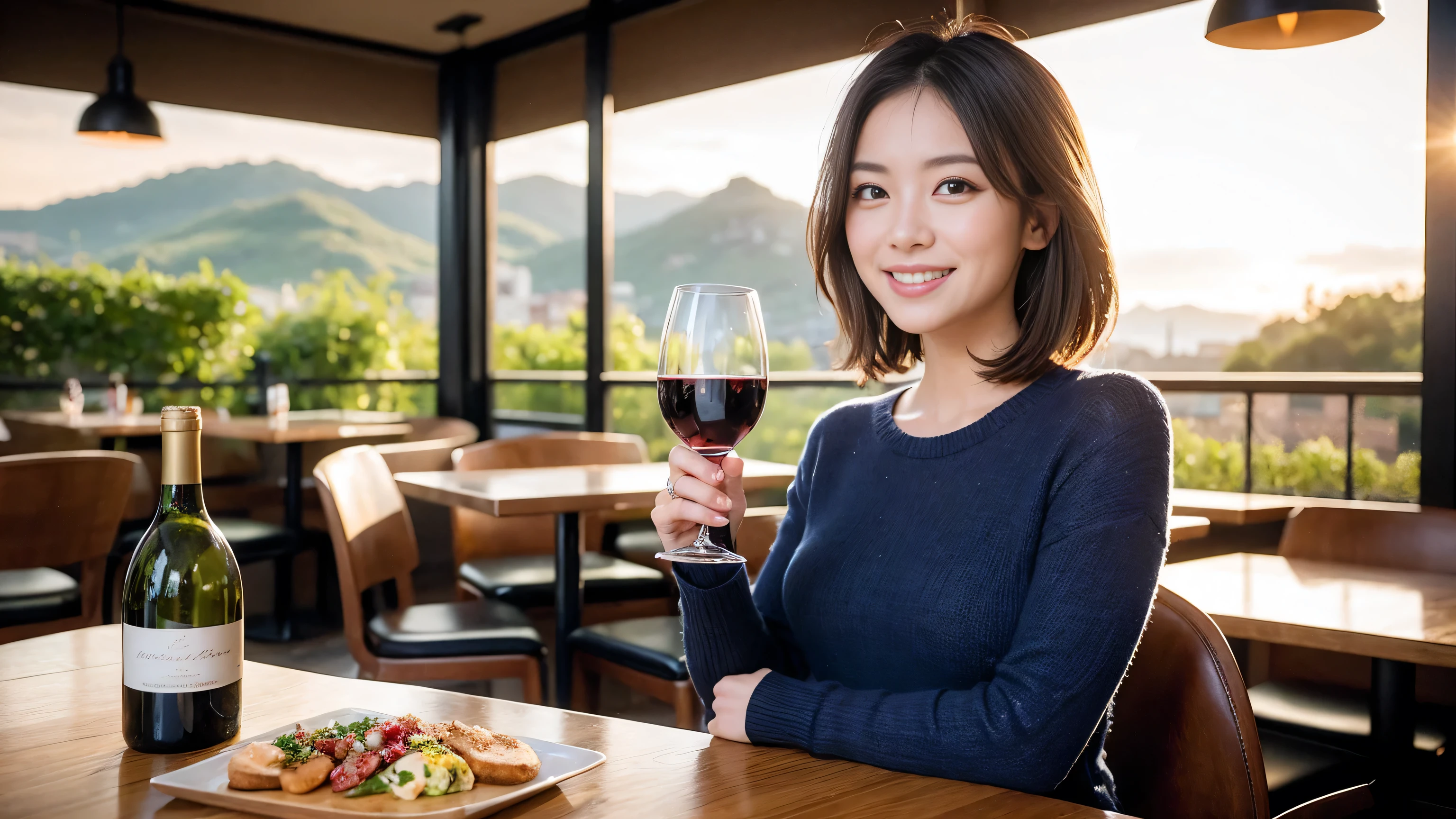 (highest quality、8k、masterpiece:1.3)、Beautiful woman with perfect figure:1.4、wine 、2 people、Dark brown hair、Knit dress、Highly detailed face and skin、fine grain、double eyelid、Huge Mile、30th generation、Sex Appeal、テーブルにWine Glass、Shine light on your face、 Amazing view of the sunset sky and clouds、Amazing mountain views、A bright smile、A lovely woman with a smile、Bright image、The beauty of wine, Beautiful Face, blue eyes, The light shines on your face, Blushing, short hair,Bright Face、Fox face、 (36 years old), 39 years old, Lady、Red wine 、Appetizers、Italian food、wine bottle、Champagne、Sparkling wine、Two beauties、Brown Hair、Shortcuts、Long sleeve shirt、dress、Pretty Woman 1, (Slim face), (The body is slim), (Brown Hair), (Shortcuts), cheeks turn a little red,Attractive beauty、, Out of the window, A beautiful and detailed night view unfolds.........., restaurant, In a prominent place (From the waist up) Nova Frog Style, actress, model, Upper Body, White wine, slim, Wine Glass, 真ん中に置かれたWine Glass, smile, (smile: 1.15), Beautiful fine grain, Depth f/2,saturation, High Contrast, Strong light and shadow,Moist Body:1.5、3D texture、Delicate eyes、Brown Hair、The hair is very shiny、