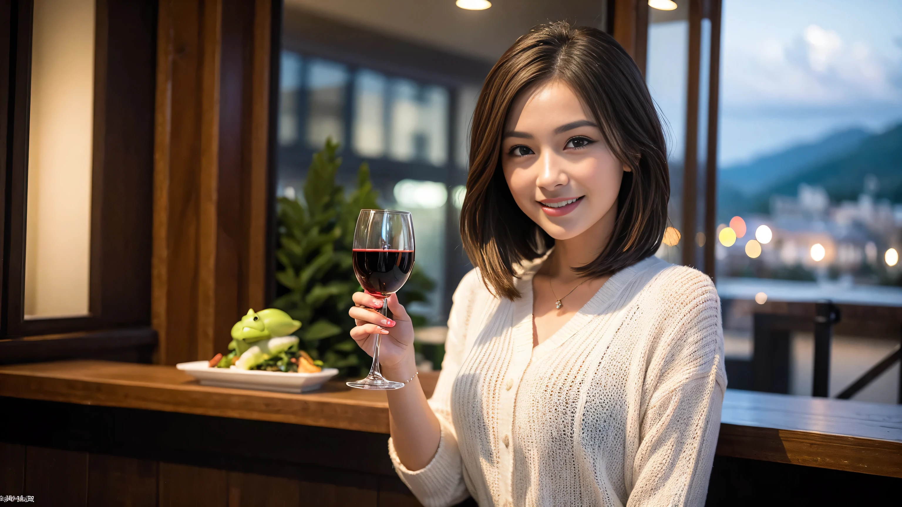 (highest quality、8k、masterpiece:1.3)、Beautiful woman with perfect figure:1.4、wine 、2 people、Dark brown hair、Knit dress、Highly detailed face and skin、fine grain、double eyelid、Huge Mile、30th generation、Sex Appeal、テーブルにWine Glass、Shine light on your face、 Amazing view of the sunset sky and clouds、Amazing mountain views、A bright smile、A lovely woman with a smile、Bright image、The beauty of wine, Beautiful Face, blue eyes, The light shines on your face, Blushing, short hair,Bright Face、Fox face、 (36 years old), 39 years old, Lady、Red wine 、Appetizers、Italian food、wine bottle、Champagne、Sparkling wine、Two beauties、Brown Hair、Shortcuts、Long sleeve shirt、dress、Pretty Woman 1, (Slim face), (The body is slim), (Brown Hair), (Shortcuts), cheeks turn a little red,Attractive beauty、, Out of the window, A beautiful and detailed night view unfolds.........., restaurant, In a prominent place (From the waist up) Nova Frog Style, actress, model, Upper Body, White wine, slim, Wine Glass, 真ん中に置かれたWine Glass, smile, (smile: 1.15), Beautiful fine grain, Depth f/2,saturation, High Contrast, Strong light and shadow,Moist Body:1.5、3D texture、Delicate eyes、Brown Hair、The hair is very shiny、