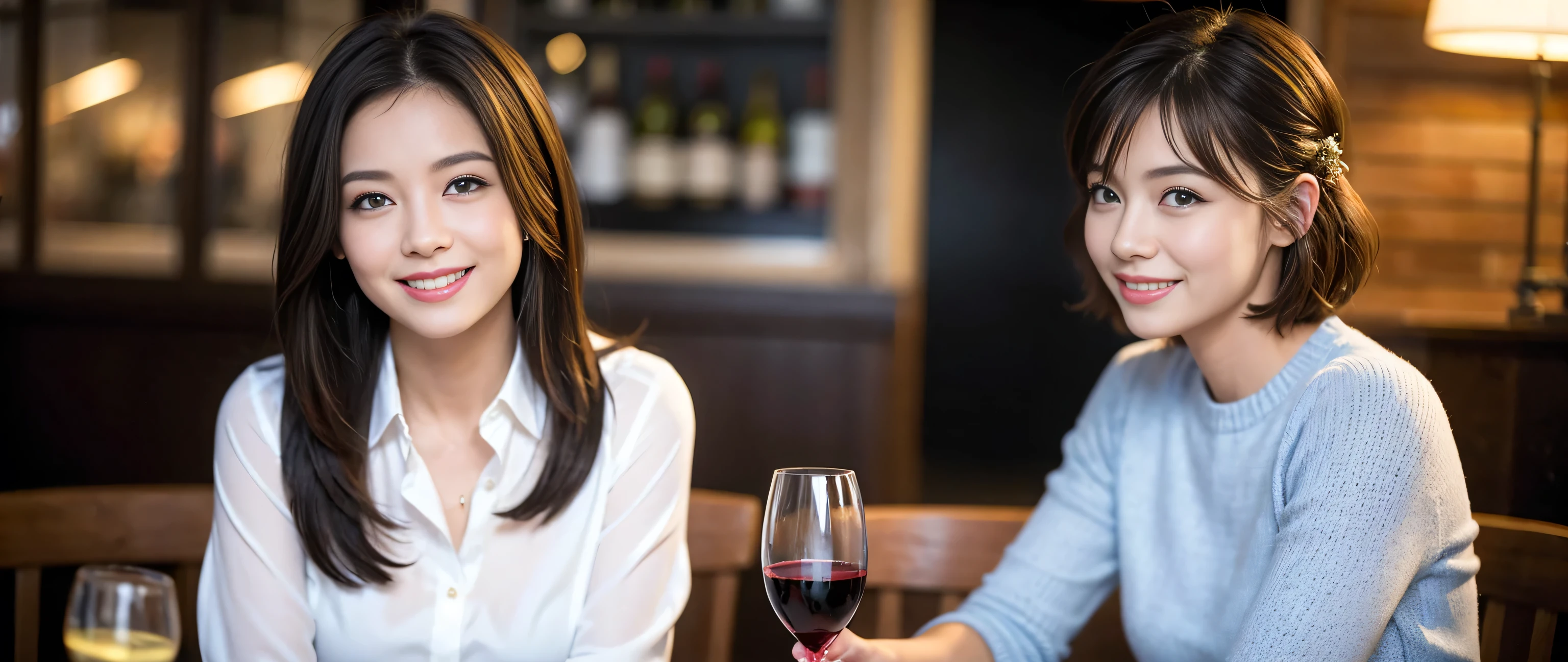 ((highest quality、8k、masterpiece:1.3))、1 male、1 female、Couple、Spouse、Couple、The body is slim、((Bob Hale、Straight hair:1.2)), (Realistic, Intricate details:1.2), Wine glass on the table、Put the light on your face、 Amazing view of the sunset sky and clouds、Amazing mountain views、A bright smile、The wonderfulness of smile、Bright image、The beauty of wine, Beautiful Face, blue eyes, The light shines on your face, Blushing, short hair,Bright Face、 (Age 37), 39 years old, red wine 、Appetizers、Italian food、Wine bottle、Champagne、sparkling wine、Two beauties、Brown Hair、Shortcuts、Long sleeve shirt、dress、Pretty Woman 1, (Slim face), (The body is slim), (Brown Hair), (Shortcuts), cheeks turn a little red,Attractive beauty、restaurant, In a prominent place (From the waist up) Nova Frog Style, actress, model, Upper Body, White wine, slim, wine glass, A wine glass placed in the center, smile, (smile: 1.15), Beautiful fine grain, Depth f/2,saturation, High Contrast, Strong light and shadow,Moist Body:1.5、3D texture、Delicate eyes、Brown Hair、The hair is very shiny、