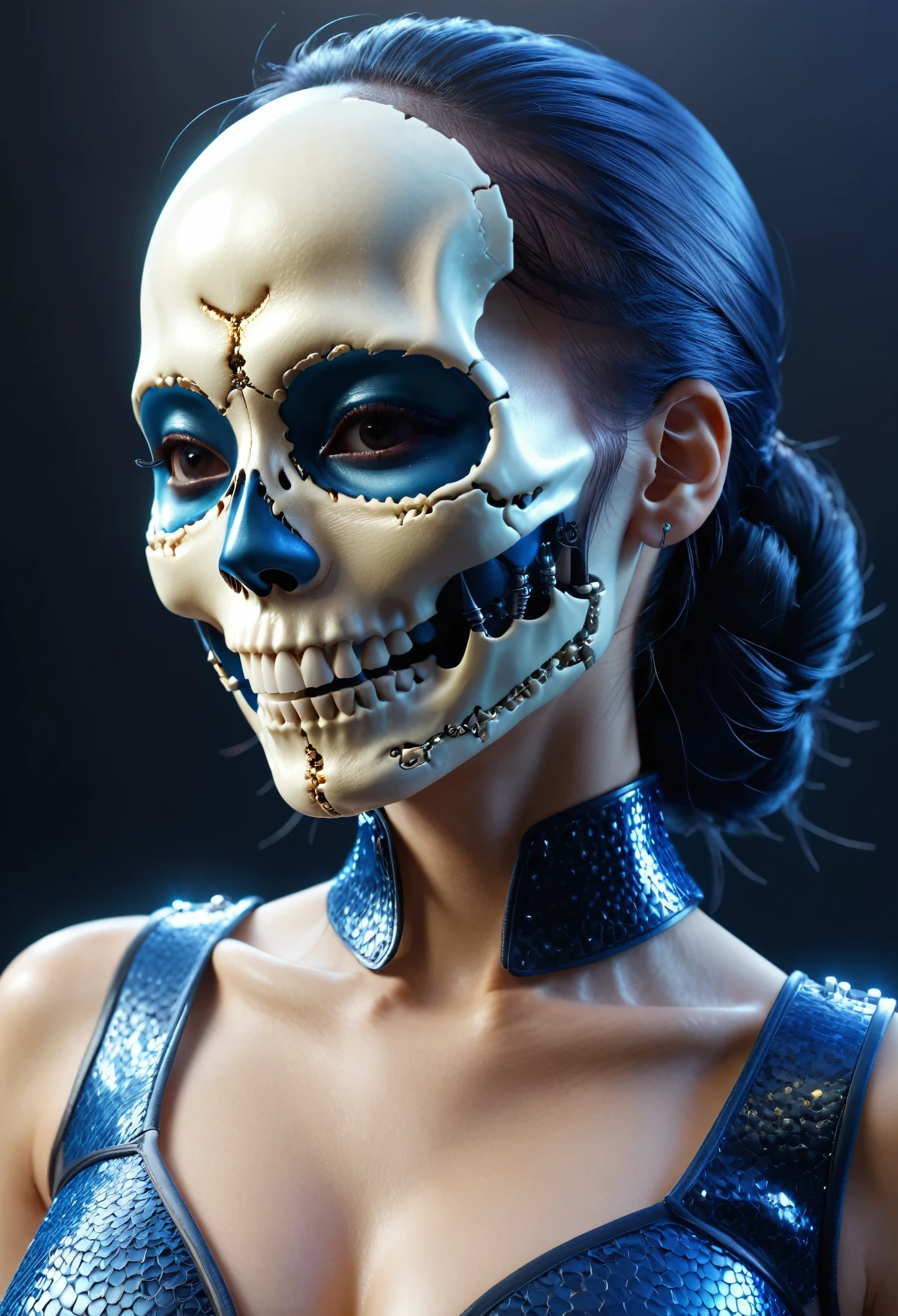 (high resolution,masterpiece,best quality,extremely detailed CG,),(japanese girl face), realistic, photorealistic, cinematic lighting, ultimately realistic all textures, ultimately intricate all details, all intricate, gloss and shiny,awesome many layers, 8k wall paper, 3d, kawaii, ( solo:1.4), perfect female proportion,villainess, (fusion of skull and lady:1.4), (skull form lady:1.2), (skull lady:1.2), (fusion:1.2), (solo:1.4), (smile:1.2), muscular, abs, (Armor intricately composed of small parts:1.2), (Complex and three-dimensional shapes), (skull exoskeleton bio insect suit:1.4), (skull blue exoskeleton bio insect armor:1.2)