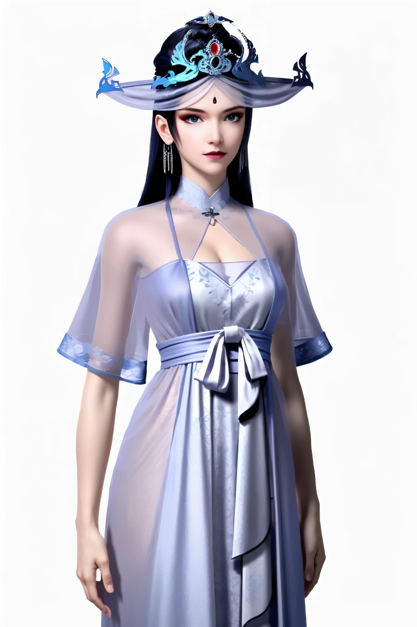 ((HRD, HUD, 8K)),((masterpiece, best quality)), highly detailed,1girl, solo, hat, hair ornament, hair bun, long hair, black hair, blue eyes, forehead mark, facial mark, makeup, red lips,jewelry, earrings,see-through sleeves, dress, whit dress,simple background, white background, upper body, standing, looking at viewer,