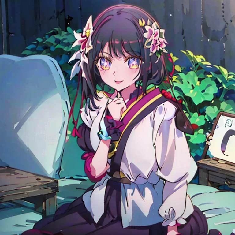 Masterpiece, top quality, super detailed, shiny, (detailed background, complex background:1.2), (perfect face, detailed face), short black hair, red flower diadem, yellow eyes, black kimono with spider web on shoulder, happy, smiling, hoshino_ai, bangs, diadem, star_(symbol), symbol type eyes (garden (garden, outdoors, sitting, skirt, supporting arm), hoshino_ai,