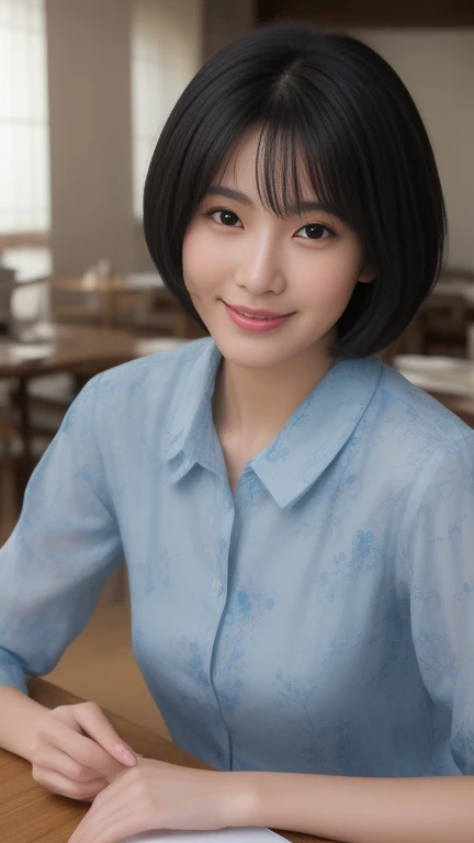 ((8K:1.27、best quality、masterpiece、Ultra-high resolution:1.2))、 beautiful taiwanese woman、1 girl、Dark brown silk shirt、、Black Hair、Black eyes、short hair、Beautiful woman、study、warm sunshine、Charming smile、((Perfect anatomical structure、sit at table、Beautiful skin))、Natural body、Professional lighting、Professional photography、Gravure printing