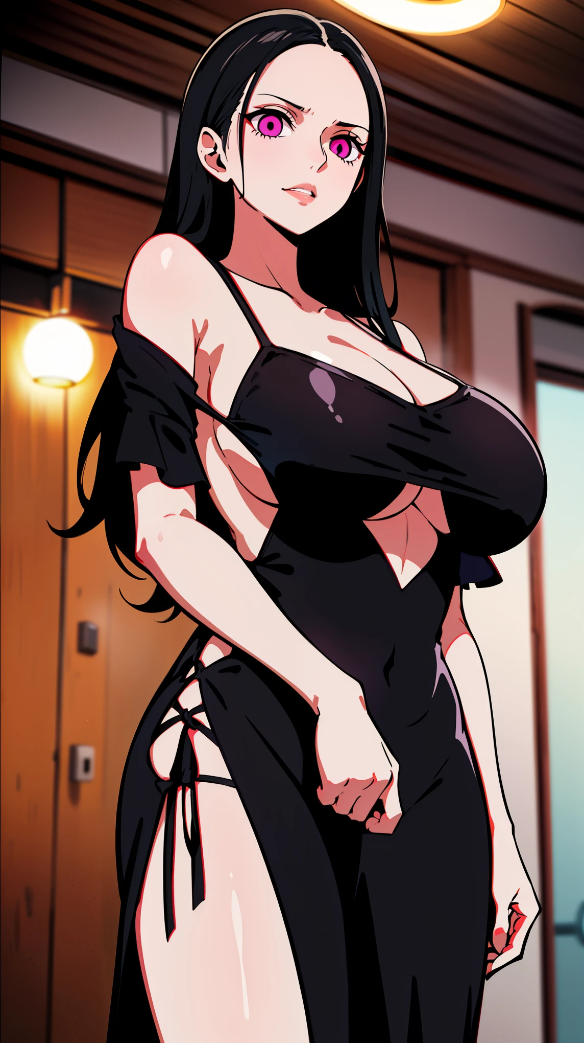 1 girl,NsfW, ((A very sexy mini dress with a large slit,Exposed underboob)):1.2, Black costume,((Evil costume)),Nico Robin,(ONEPIECE),((Huge breasts 1.8)), clavicle, Glowing purple eyes,Absurd, brainwashing,Hollow Eyes, ((Expressionless, Emotional removal)),avert your eyes , Full body portrait, Outdoor,Dim Alley,night, (highest quality、4K、8k、High resolution、Must have:1.2)、Very detailed、(reality、reality的なです、reality的な:1.37)、Ticker、Hyper HD、Studio Lighting、Ultra High Definition Paint、Sharp focus、Physically Based Rendering、Extreme Detail、Professional specifications、Vibrancy and color、Blurred、Sports portrait、landscape、Horror Style、Anime Big Tits、sf、photograph、Concept Artist、Five Fingers, Perfect body,  {{{masterpiece}}}, {{{highest quality}}}, {{Very detailed}}, {shape}, {{Very delicate and beautiful}},Improved cost performance、All Roles、Canon 5D MK4でphotograph、photograph, 