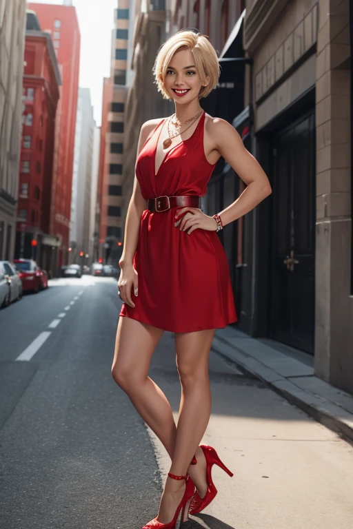 (full body:1.3),Athletic blonde woman, (short hair), tomboy, cute, ((smile)), Red lipstick,necklace, red dress, belt, high heels.