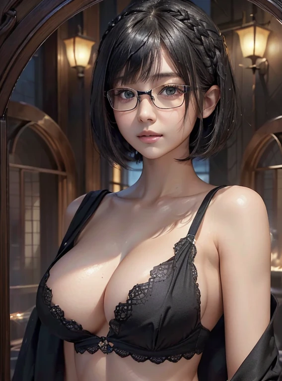 (surreal)、(Implications)、(High resolution)、(8K)、(Very detailed)、(Best Illustration)、(Beautifully detailed eyes、Black pupil)、(Top quality)、(Ultra Detailed)、(masterpiece)、(wallpaper）、（a delicate face）、solo、1 Girl、Looking at the audience、fine、a delicate face、in the dark night、Deep shadows、Low profile、purebred face_V1、((short hair))、Black shawl straight hair、Ball head、Side bangs、thin braids、黑色glasses frame、glasses frame：1.6、(Big boobs)、Beautiful abdominal muscles、Fitness、skin shiny、shiny skin