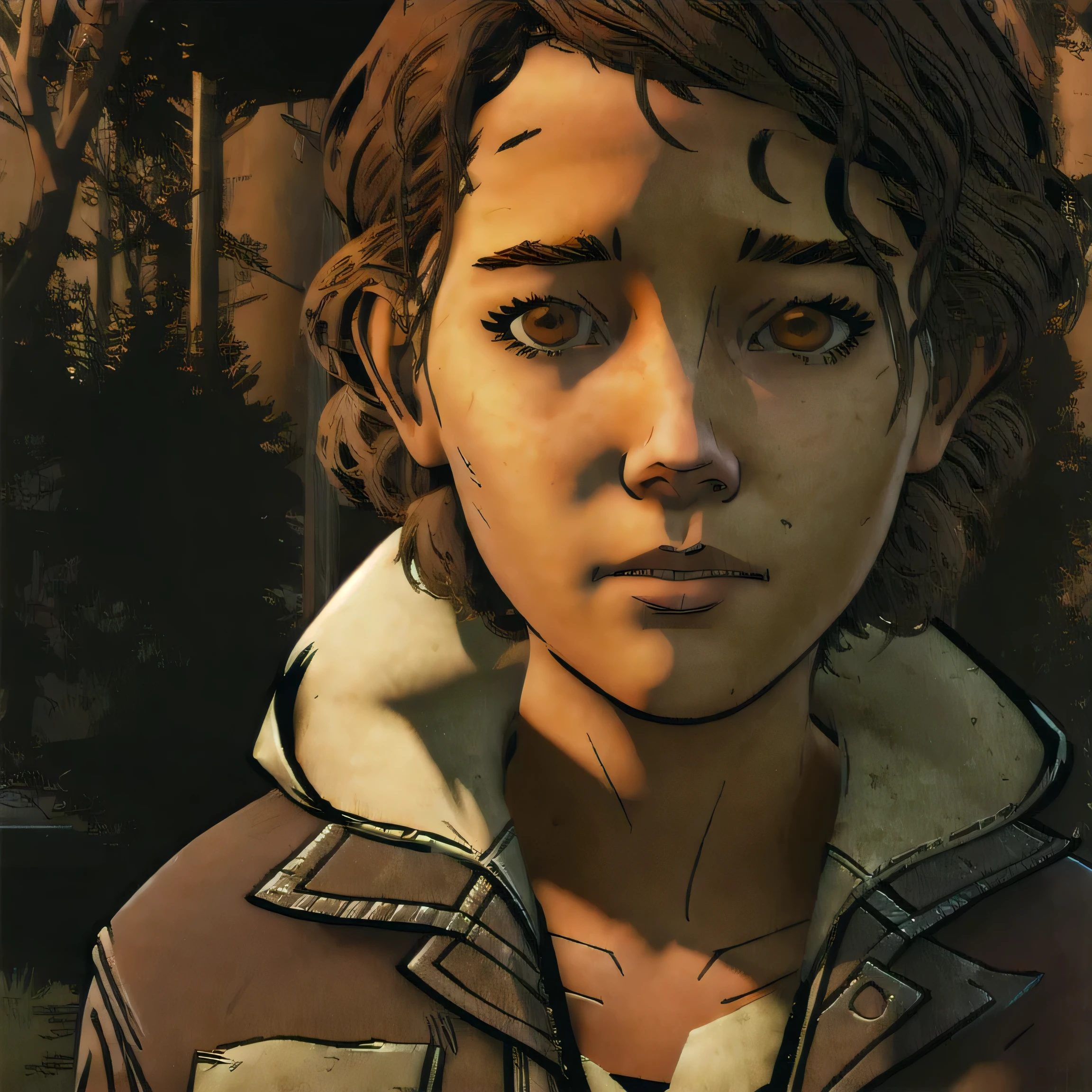 (masterpiece, best quality:1.2), Clem, solo, brown eyes, brown hair, knife, early 30's, looking at camera, happy look, the walking dead game style, telltale style, comic book style