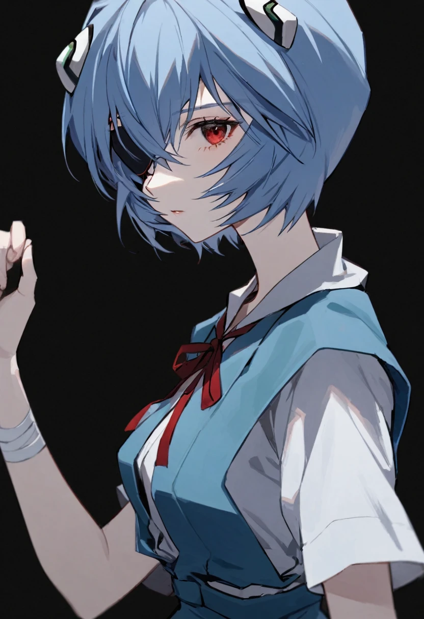 One girl, ayanami rei, alone, Red eyes, short hair, Blue Hair, ribbon, 片目にbandageを巻く, , neck ribbon, red ribbon, View Viewer, bandage, Tokyo 3 Middle , shirt, Upper Body, white shirt, Short sleeve, Black background, Eye patch, bangs, Lips parted, One eye is covered, Dutch Angle, Simple Background, From the side, bandageを巻いた頭, Blue Vest, Expressionless, medium quality, slow, 