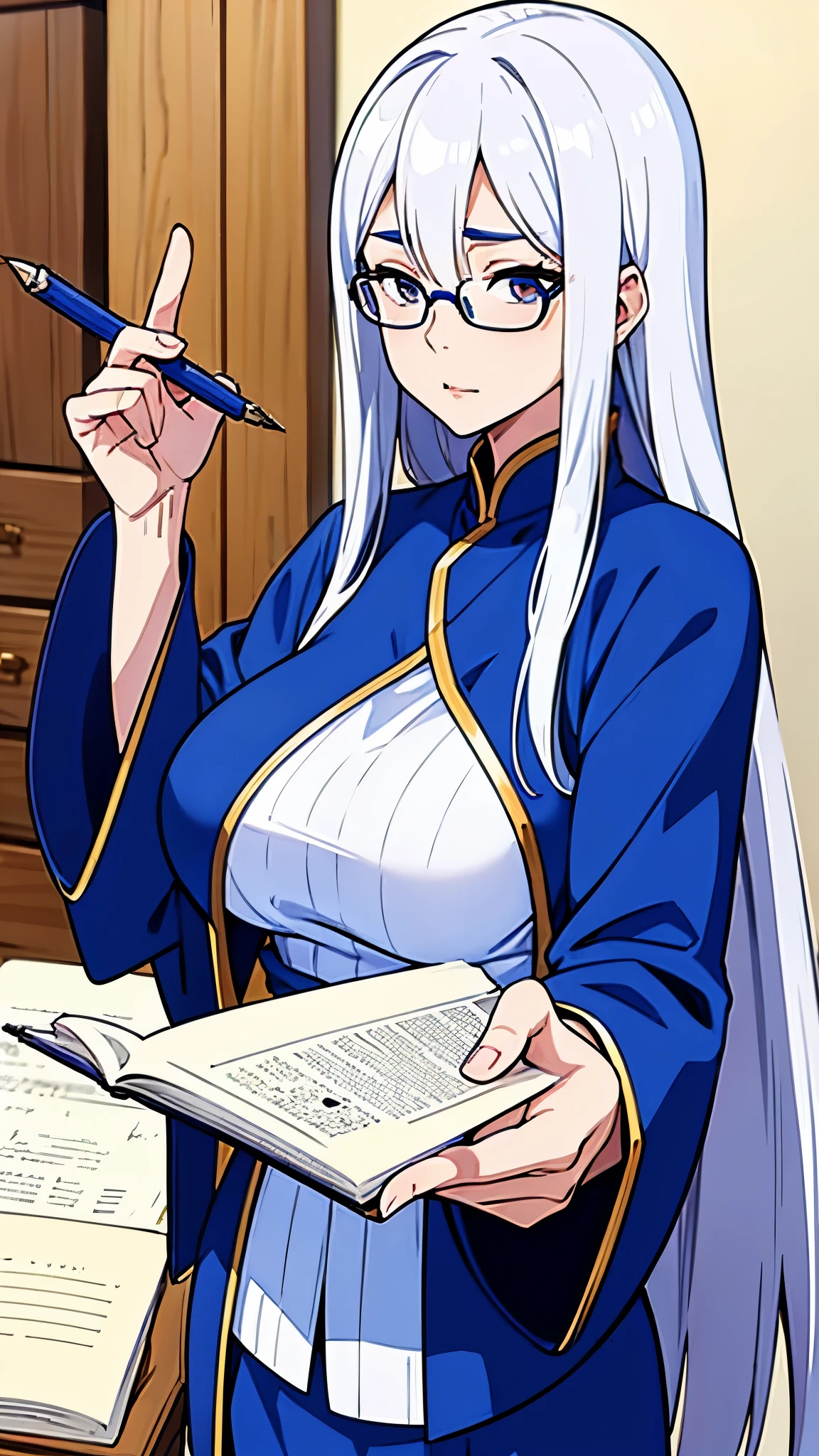 One woman、White Hair、long hair、Wearing glasses、Holding a pen pointing up、Large Breasts、Blue clothes、wise、wise顔つき