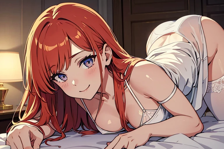 elysia, long ginger hair, beautiful face,smiling,close up upper body, moderate breast, sitting on bed, wearing beautiful white sleepwear, (open mouth:0.4),illustration,detailed textures(realists),ultra-detailed,portrait style,vivid colors,soft lighting, blushing, mature, no bras, full body, sexy, lingerie, tights, lying on all fours