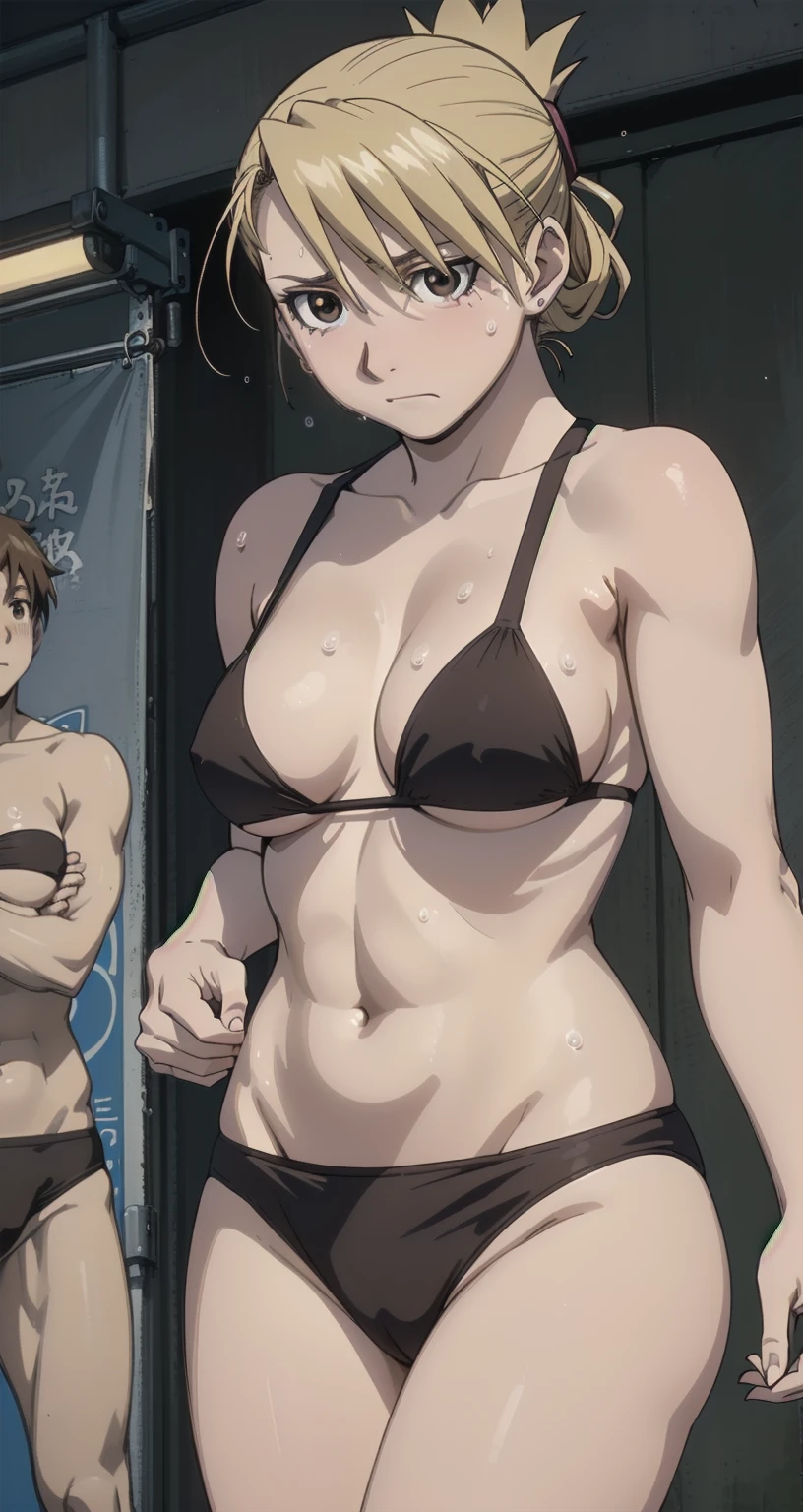 masterpiece, highest quality, High resolution, One Girl, Hamriz, ponytail, Brown eyes,big , Micro Bikini、Beach,Outdoor、Upper body close-up、Muscular body、blush、Sweat、Composition from the front、anime、(((Dark brown bikini、真Composition from the front、Sweat、Embarrassing、blush、Stand in front、Pussy Line、audience)))