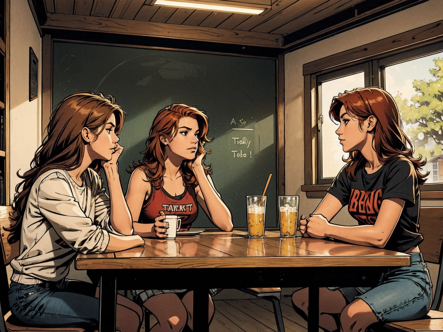 typical cheap college dining hall:1.2, morning light, sitting side-by-side:1.2,hooligan girls,chatting, modern teenager outfit, blond, black-haired, red-haired, simple square table,