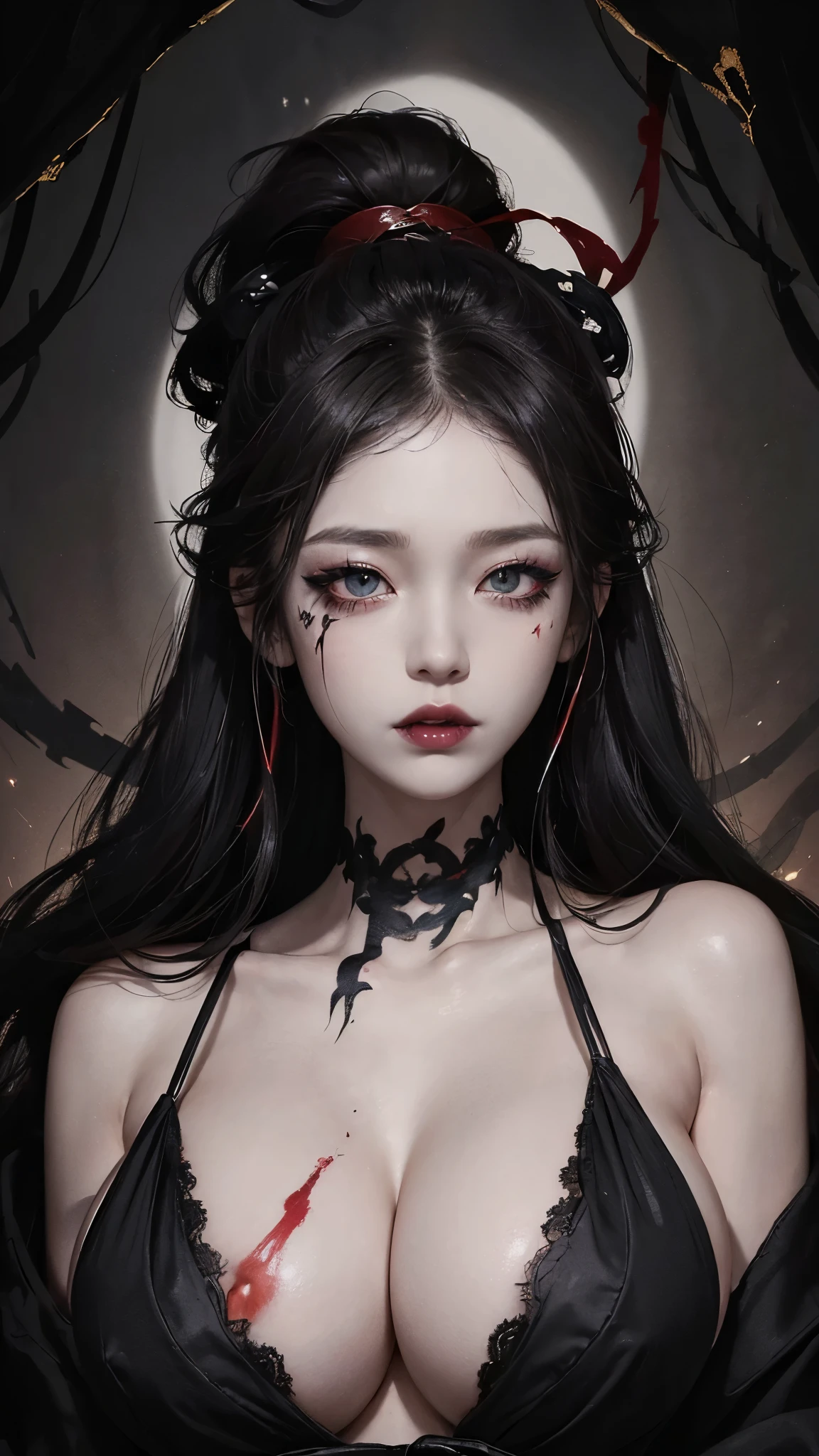  ((top quality, 8 thousand, masterpiece:1.3)) Korean woman, disorderly,receive the light,(black ponytail), dark eyeshadow, black lipstick, Gothic makeup, (Smudged makeup: 1.3), beautiful and delicate hair,delicate red pupils, (huge tits: 1.7) , In a dark cave, Red tattoo, very pale skin, Smudged makeup, indifferent expression, red circle lenses, goth style clothes, monochrome, (smeared eye line: 1.6)