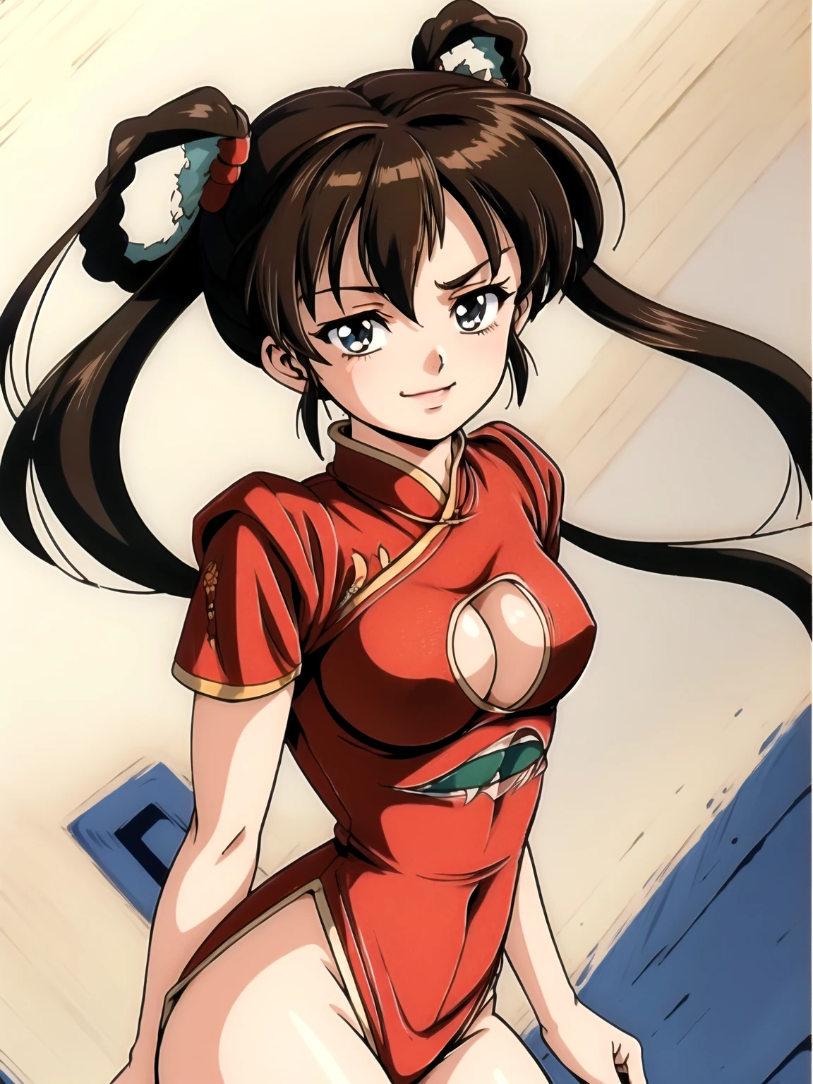 (masterpiece:1.4), high quality, High resolution, Sharp focus, Detailed clothing, Detailed body, Detailed face, anime, 最high quality, 4K, 8k, An absurd solution, Intricate details, Fine hand, (Fine grain:1.3), animeーション, figure, Very detailedな, High resolution, Very detailed, 魅惑的なsmile, One girl, smile, View Viewer, Conceit, (chest), Skin dents, Pale skin, Curvy, One girl, (Aqua Eye), smile, View Viewer, Mature Woman, Overall details Yoko Mano,alone, Hair Ring,Long twin tails, Chinese clothing, Panty shot