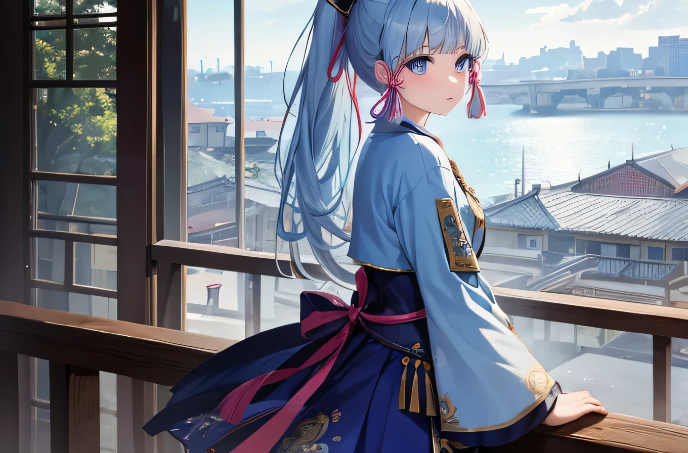 (masterpiece, top quality, best quality, official art, beautiful and aesthetic:1.2), (1girl:1.3), extremely detailed,(fractal art:1.2),colorful, highest detailed, kamisato ayaka, parted lips,wallpaper,beautiful blue eyes, long hair, beautiful blue hair, ponytail hairstyle, bangs, (sad, sadness expression, sadness face), school outfit, (cowboy shot), in rooftop school, looking out, full shot