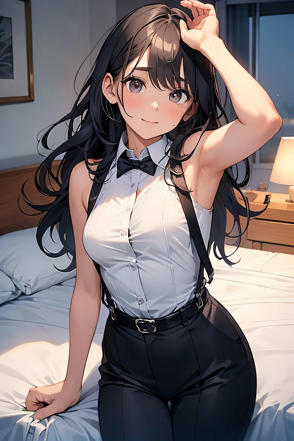 hair、Staring at the audience Black suspenders bulging big breasts wall: Black pantsuit sight Small face holster Beautiful woman Show your hand Lying in bed sight Taunt side side汗 arm Dress shirt belt summer Armpit sweat