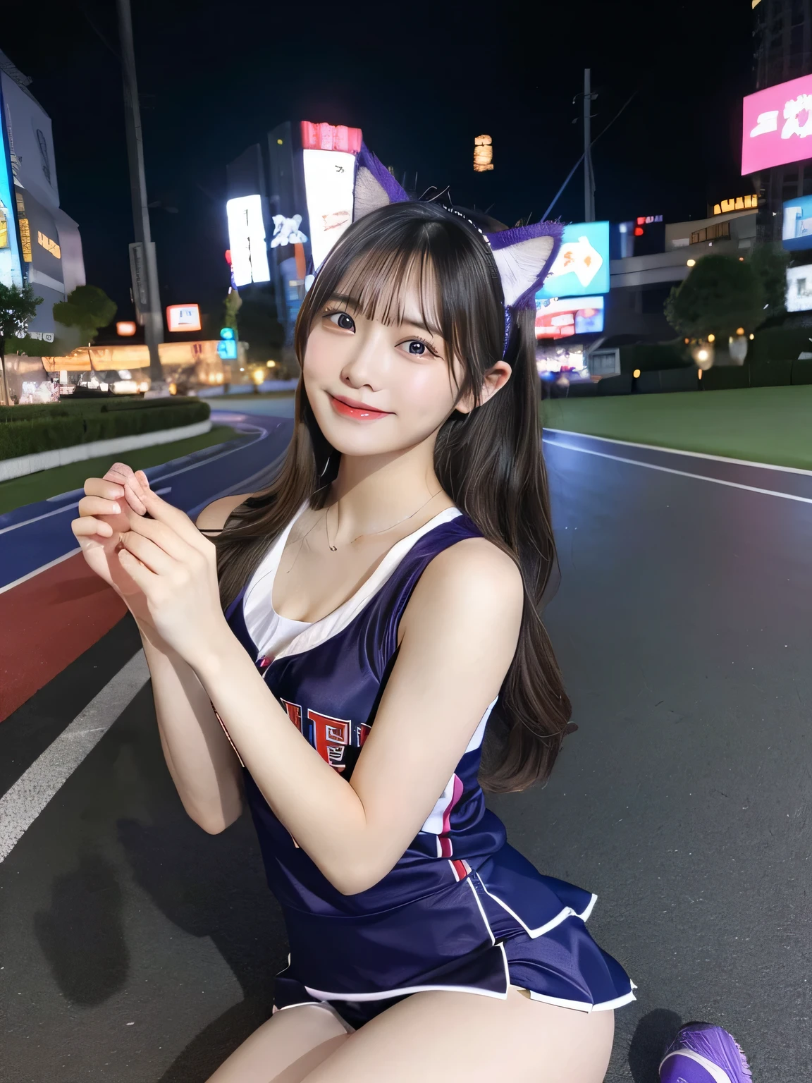Full body photo、whole、最high quality, masterpiece, 32k、Very detailed、Realistic、1 girl, Japanese women、Cute Face, (photo Actual:1.3), Edge lighting, (Skin with attention to detail:1.2), 8k超High resolution, Single-lens reflex camera, high quality, High resolution, 4K, 8k, Optimal ratio of four fingers to one thumb, (Actual:1.3), smile、A floppy smile、Natural smile、Baseball Cheerleader Costumes(Purple line design、Japanese professional baseball cheerleaders、There are also fighter and baseball logos.)、Sexy High Leg Costume、Leotard costume、Cat ear headphones(Purple Neon Cat Ear Headphones)、cute 1 girl, Realistic、Super Realistic、32k、Very detailed、masterpiece, 最high quality, beautiful girl, beauty、 Mecha, Beautiful lighting, Sitting,Cyber Neon、Future City、Skyscraper、City Night、Shanghai、Big cities、Night view、Beautiful night view