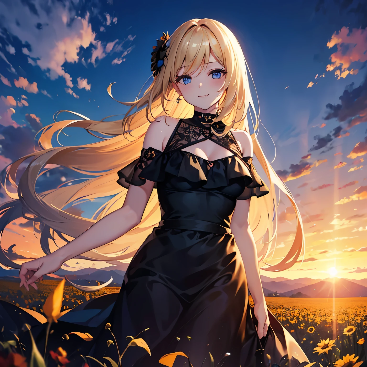 A woman, beautiful black dress, sunset, shoulders, outside, flower field, smile, blond hair, blue eyes.