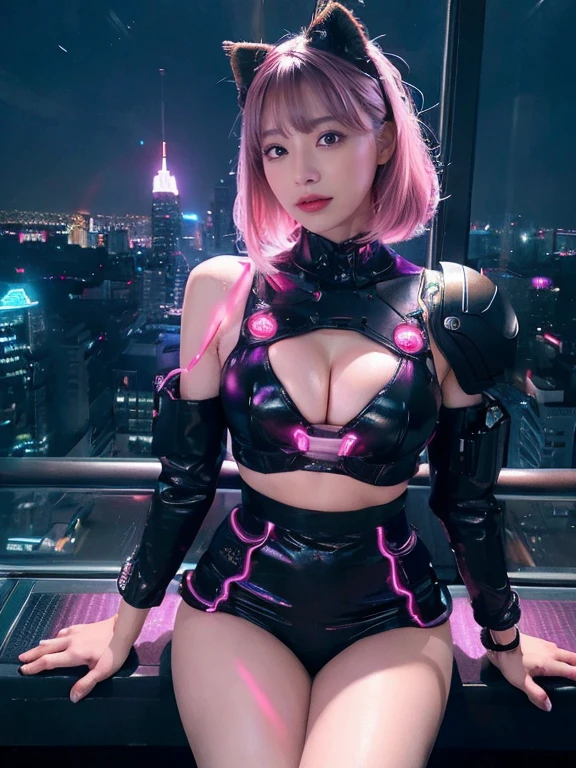 最high quality, masterpiece, 32k、Very detailed、Realistic、1 girl, Japanese women、Cute Face, (photo Actual:1.3),Bob Hair(Purple pink hair color、Purple hairstyle)、Edge lighting, (Skin with attention to detail:1.2), 8k超High resolution, Single-lens reflex camera, high quality, High resolution, 4K, 8k, Optimal ratio of four fingers to one thumb, (Actual:1.3), cute 1 girl, Realistic、Super Realistic、32k、Very detailed、masterpiece, 最high quality, beautiful girl, beauty、Small breasts, Mecha, Beautiful lighting, (Neon Light:1.2), (night:1.5), Purple Cyberpunk Costume、Sitting,Cyber Neon、Future City、Skyscraper、都会のnight、Shanghai、Big cities、night景、綺麗なnight景