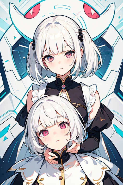 hair bobbles, solid circle eyes, light smile, ear blush, white hair, blunt bangs, short hair, wavy hair, crazy, yandere, expressionless eyes, drop shadow, anaglyph, stereogram, 8k, super detail, ccurate, best quality
