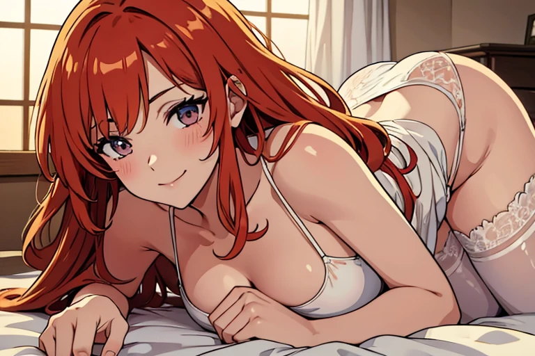elysia, long ginger hair, beautiful face,smiling,close up upper body, moderate breast, sitting on bed, wearing beautiful white sleepwear, (open mouth:0.4),illustration,detailed textures(realists),ultra-detailed,portrait style,vivid colors,soft lighting, blushing, mature, no bras, full body, sexy, lingerie, tights, lying on all fours, ass, back, panties
