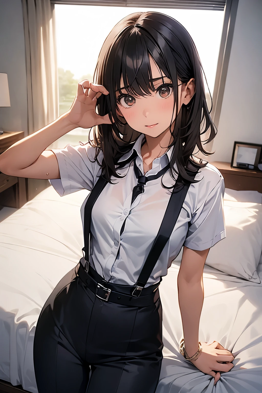 hair、Staring at the audience Black suspenders bulging big breasts wall: Black pantsuit sight Small face holster Beautiful woman Show your hand Lying in bed sight Taunt side side汗 arm Dress shirt belt summer Armpit sweat