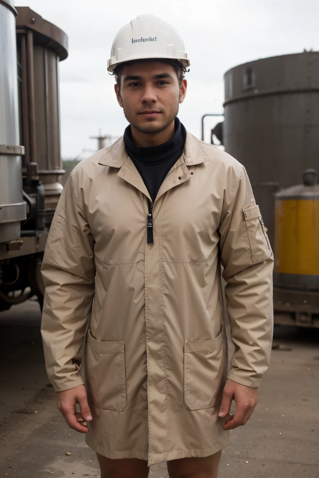 A male worker or engineer is standing in front of us with his shoulders towards the camera, wearing a safety suit and a hat in his hand
Coat of oil workers
Helmet in hand
Front zipper dress
