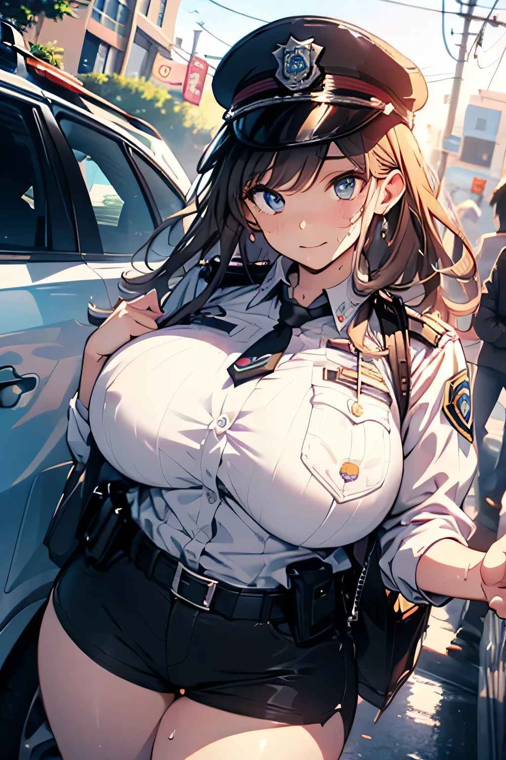 Anime illustration、highest quality、A  policewoman cracks down on parking violations downtown、High alert、Perfect proportions、Extra large breasts、Fatty legs、Clear eyes、Sweaty、Cowboy Shot