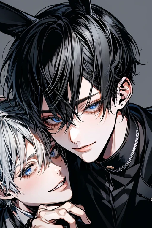 (Mastepiece), (Bestクォリティ), Very detailed, ((Two Men:1.5)), Perfect Face, Beautiful Face, Very detailedな顔,(Black-haired man:1.3),(Grey-haired man:1.3)、Bunny ears、shirt、Best、