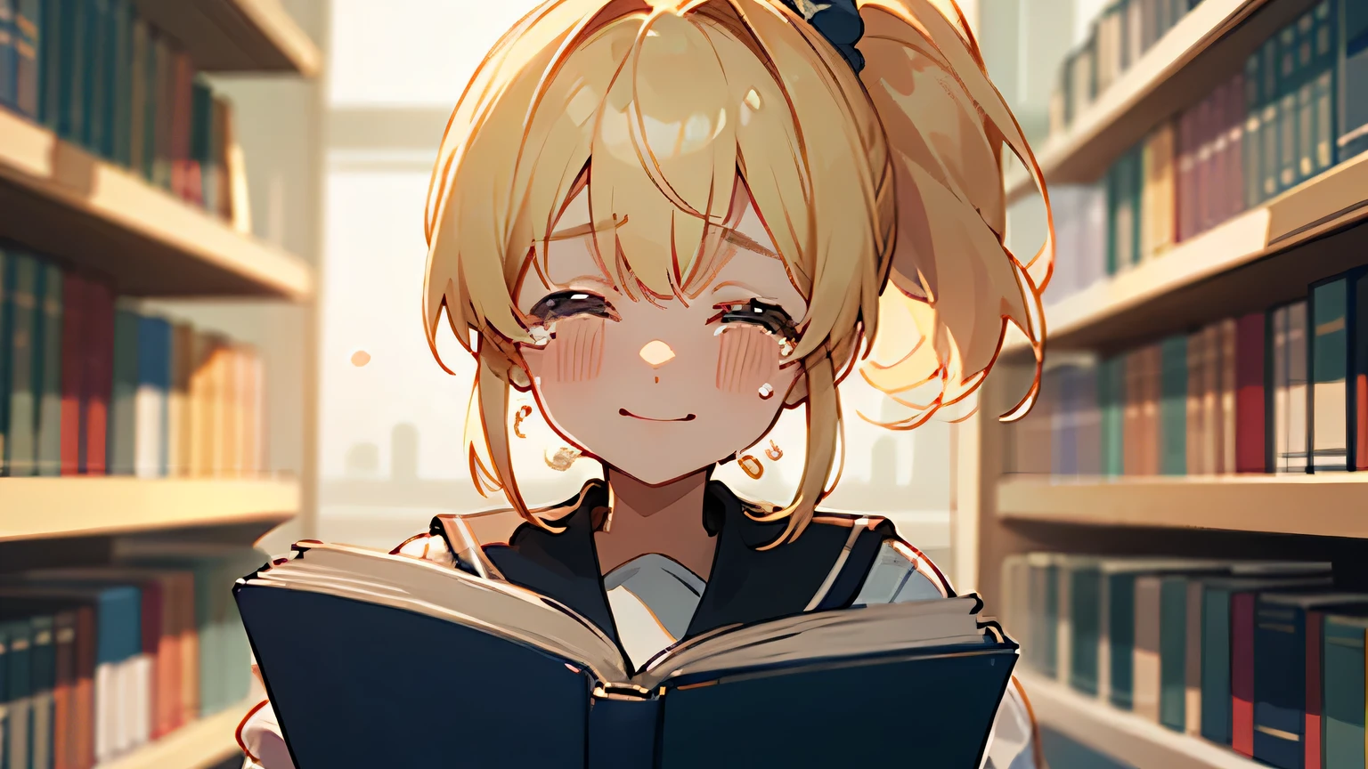 ((highest quality)), ((masterpiece)), (detailed), Perfect Face、library、Reading a book、blonde、Smooth Hair、ponytail、Sailor suit、Are crying、smile、