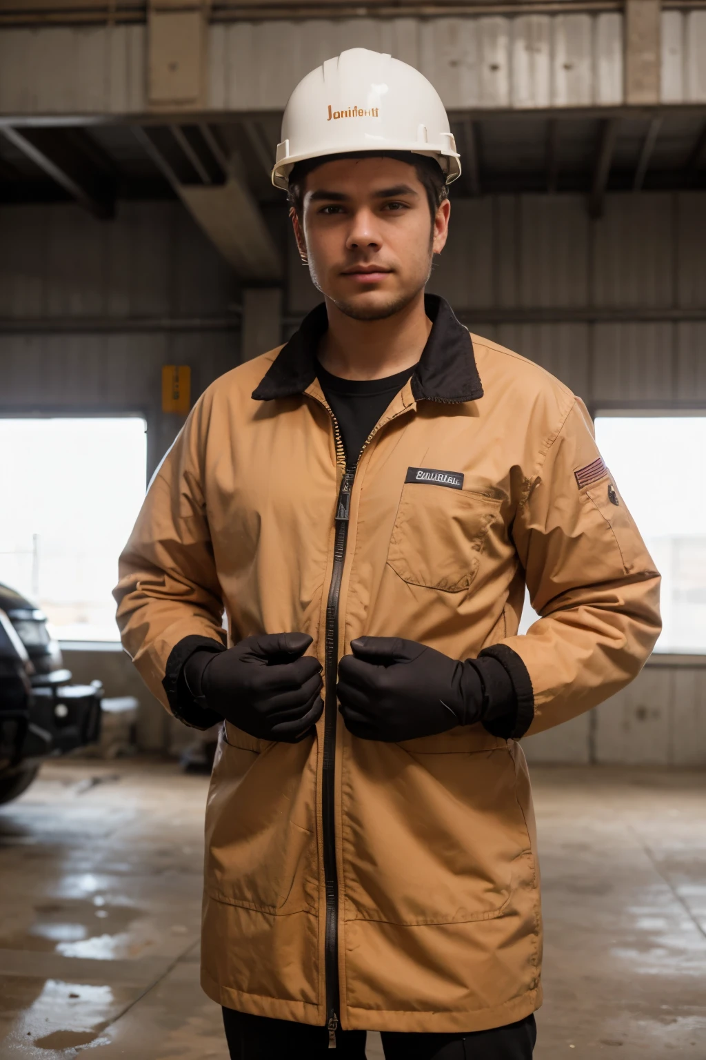 A male worker or engineer is standing in front of us with his shoulders towards the camera, wearing a safety suit and a hat in his hand
Coat of oil workers
Helmet in hand
Front zipper dress