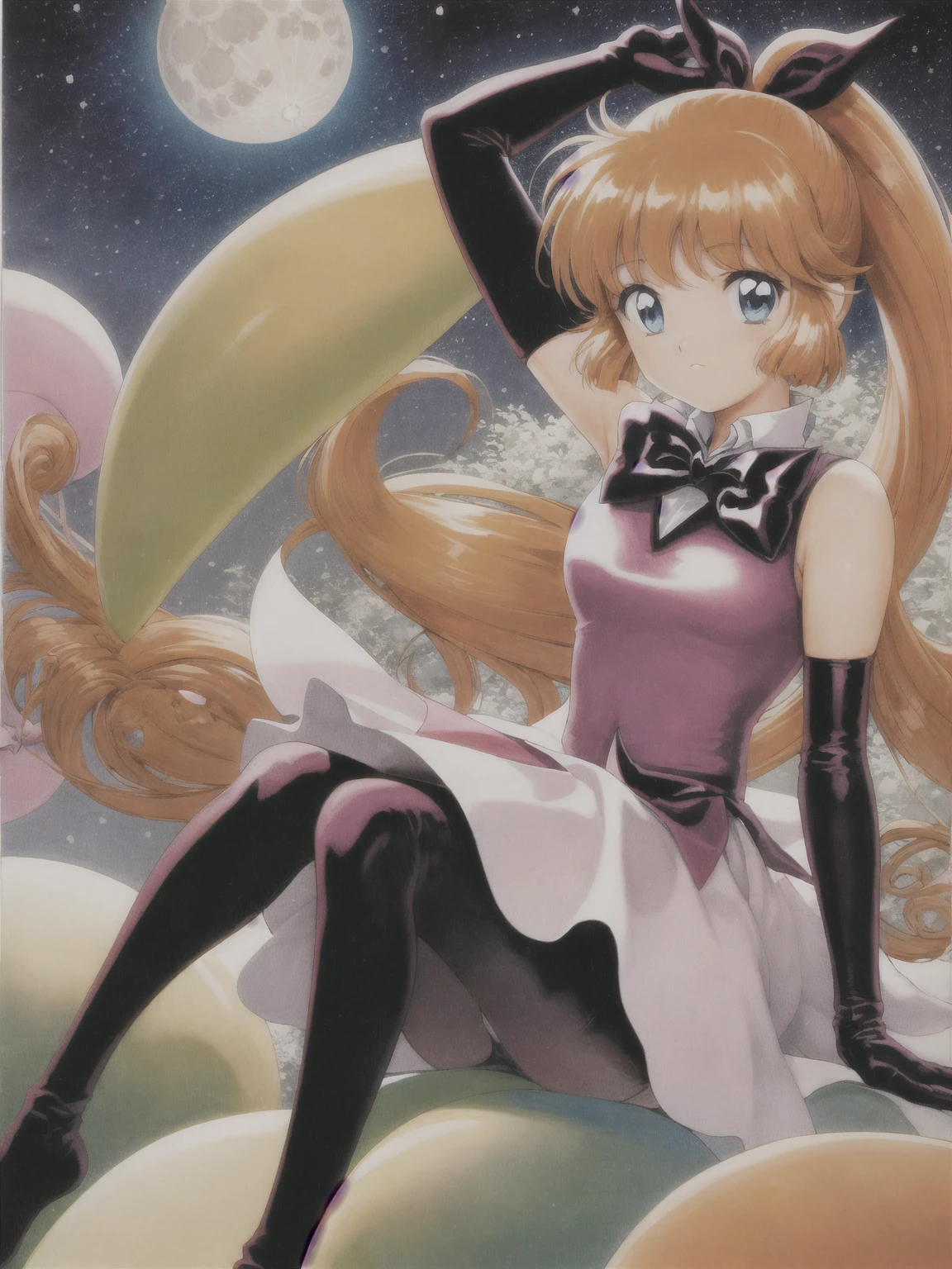 1980s \(style\), masterpiece, highest quality, One girl, alone,  Long Hair, ponytail, bow, ribbon, blue eyes, Orange Hair, hair ribbon, very Long Hair, Brown Hair, gloves, elbow gloves, skirt, Magical girl, black gloves, pantyhose, bowtie, Sitting, Night Sky, big_moon, Panty shot