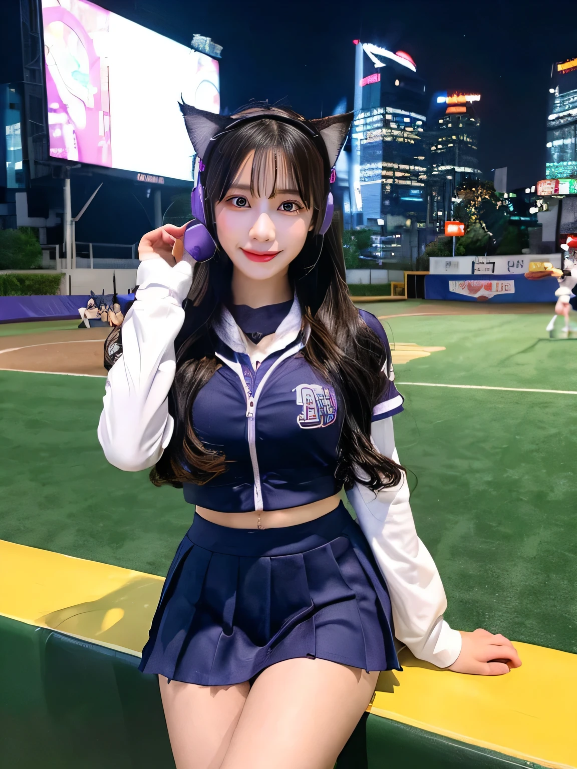 Four Girls, Full body photo、whole、最high quality, masterpiece, 32k、Very detailed、Realistic、Random Face、Japanese women、Cute Face, (photo Actual:1.3), Edge lighting, (Skin with attention to detail:1.2), 8k超High resolution, Single-lens reflex camera, high quality, High resolution, 4K, 8k, Optimal ratio of four fingers to one thumb, (Actual:1.3), smile、Natural smile、Baseball Cheerleader Costumes(Purple line design、Japanese professional baseball cheerleaders)、Cat ear headphones(Purple Neon Cat Ear Headphones)、There are four cute girls., Realistic、Super Realistic、32k、Very detailed、masterpiece, 最high quality, beautiful girl, beauty、 Mecha, Beautiful lighting, Sitting,Cyber Neon、Future City、Skyscraper、City Night、Shanghai、Big cities、Night view、Beautiful night view