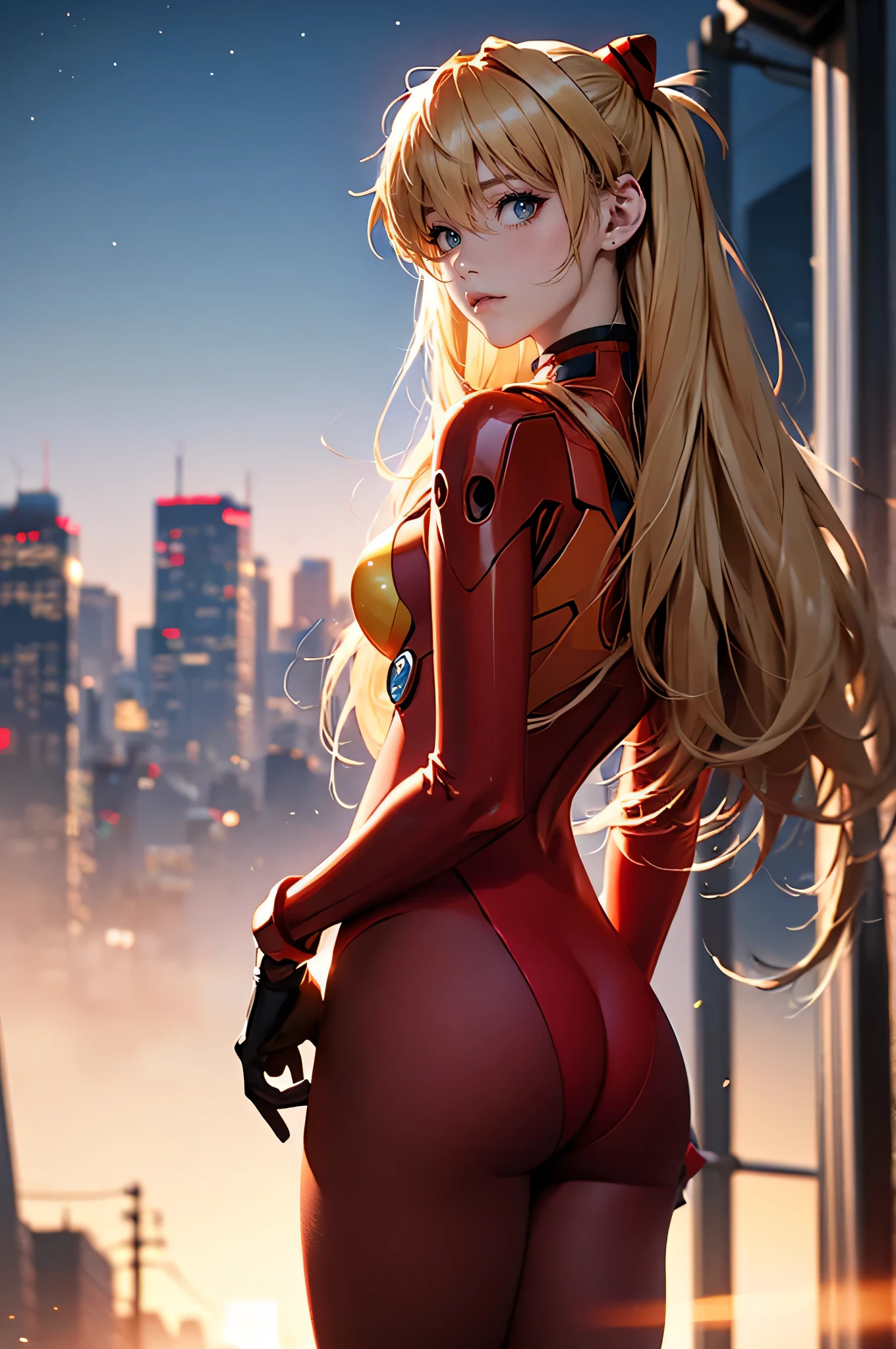 Realistic wide-angle photos,Dynamic angle,Extremely detailed, illustration, close up, straight on, 1 Girl, ((Muneru Asuka Langley, Interface Headphones, Red tights:1.4, Blonde)),Her eyes shone like Dreamy stars,(Glowing eyes:1.233),(Beautiful and delicate eyes:1.1),(Poker face,Shut up),(permanent), Standing on a high point overlooking the Third New Tokyo City, Dreamy, [[Slender fingers and hands:0.55]::0.85],(Detail fingers)