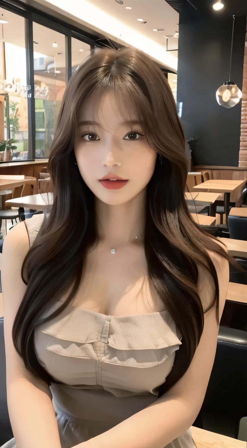 ((best quality, 8K, masterpiece:1.3)), focus:1.2, Perfect body beauty:1.4, Hips:1.2, ((Layered Hairstyle, breast:1.2)), (dress:1.1) , (Inside the cafe:1.3), dress: 1.1, Highly detailed face and skin textures, beautiful eyes, Double eyelids, Skin Whitening, long hair, (shut up: 1.3),Coffee on the table