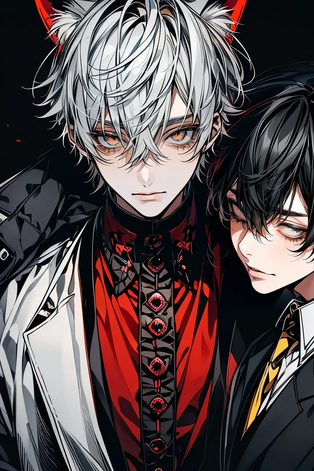 (Mastepiece), (Bestクォリティ), Very detailed, ((Two Men:1.5)), Perfect Face, Beautiful Face, Very detailedな顔,(Black-haired man_Yellow Eyes:1.3),(Grey-haired man_Red eyes:1.3)、Cat ear、shirt、Best